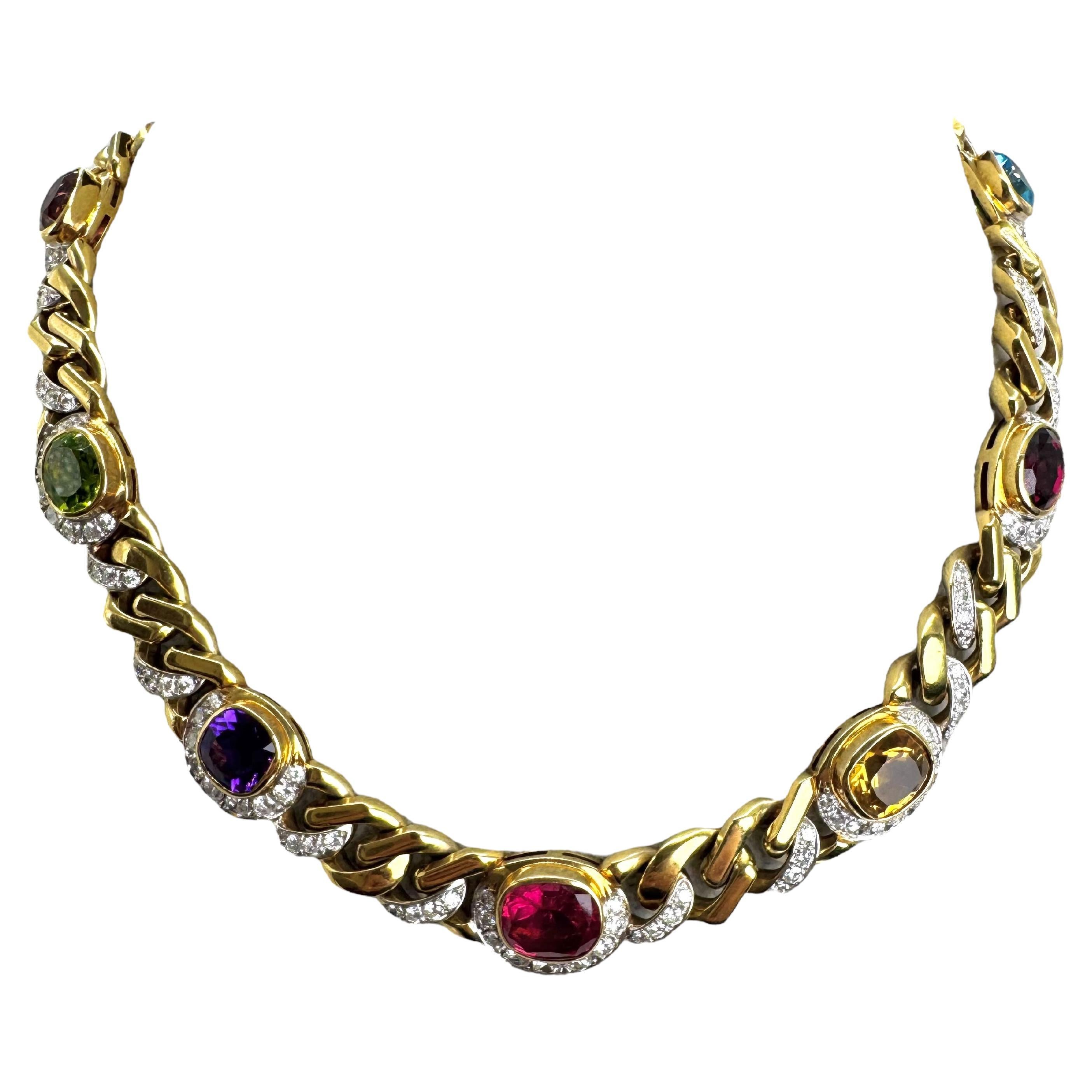 18K Yellow Gold Multi Gem and Diamond Necklace For Sale