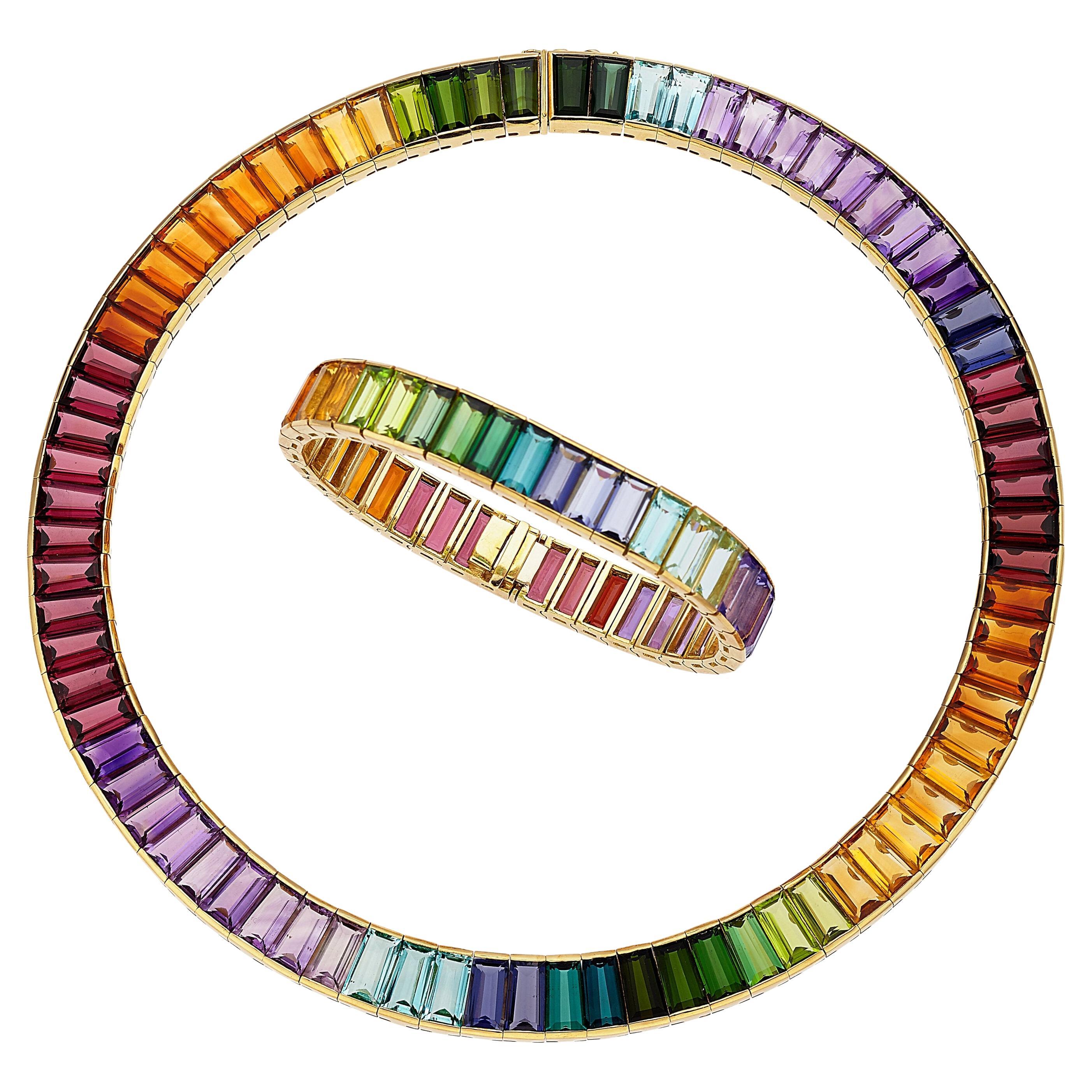 18 Karat Gelbgold Multi-Gem Regenbogen-Halskette und Armband Set TCW: 110,90ct 190.8g