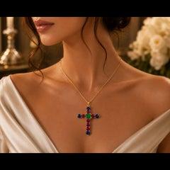 18K Yellow Gold Multi-Gemstone Cross Pendant with Emerald, Rubies, and Sapphires