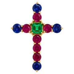 18K Yellow Gold Multi-Gemstone Cross Pendant with Emerald, Rubies, and Sapphires