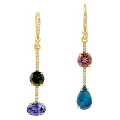 18K Yellow Gold Multi-Gemstone & Diamond Asymmetrical Linear Drop Earrings