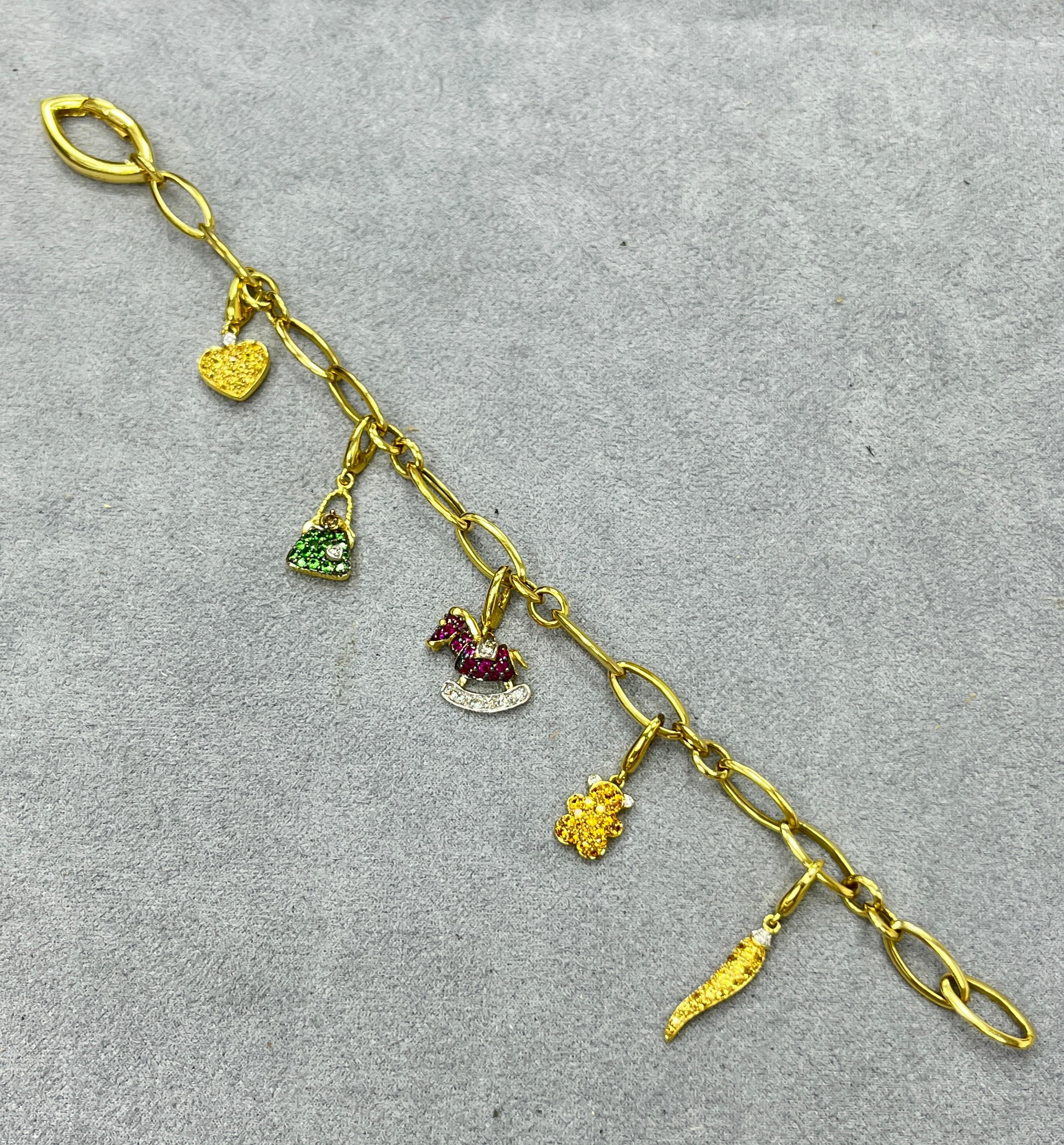 Round Cut 18K Yellow Gold Multi Gemstone Diamond Charm Bracelet For Sale