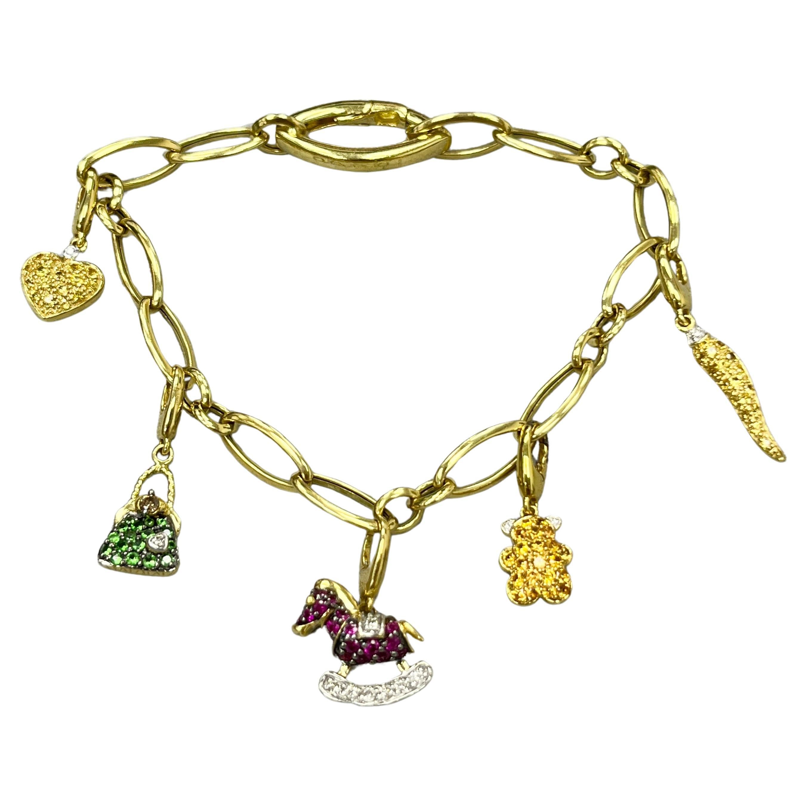 18K Yellow Gold Multi Gemstone Diamond Charm Bracelet