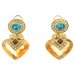 18K Yellow Gold Multi-Gemstone Drop Earrings W/Blue Topaz, Citrine, and Diamond