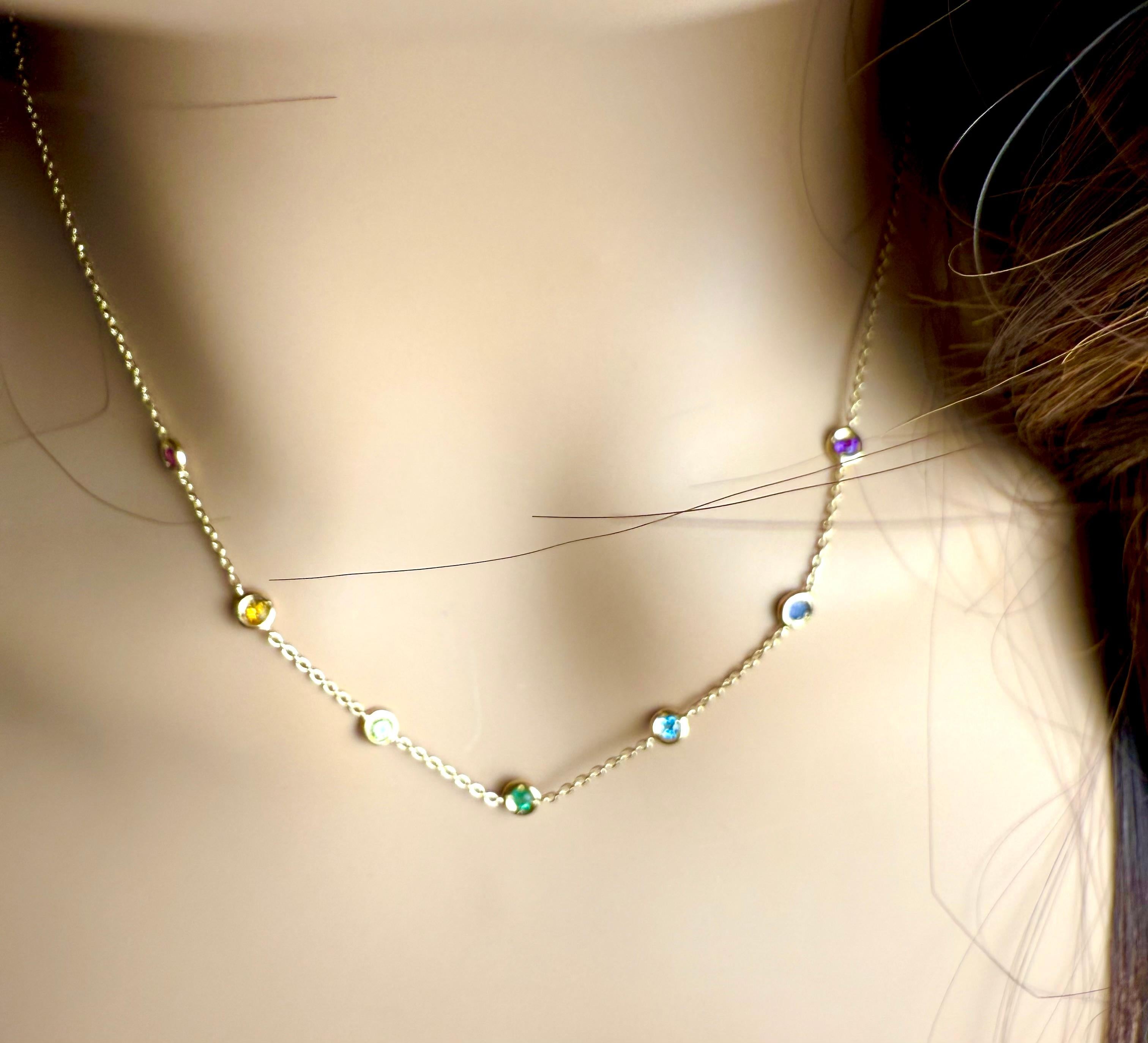 Moderno 18K Yellow Gold Multi-Gemstone Station Necklace Ruby Emerald Sapphire by Hueb in vendita