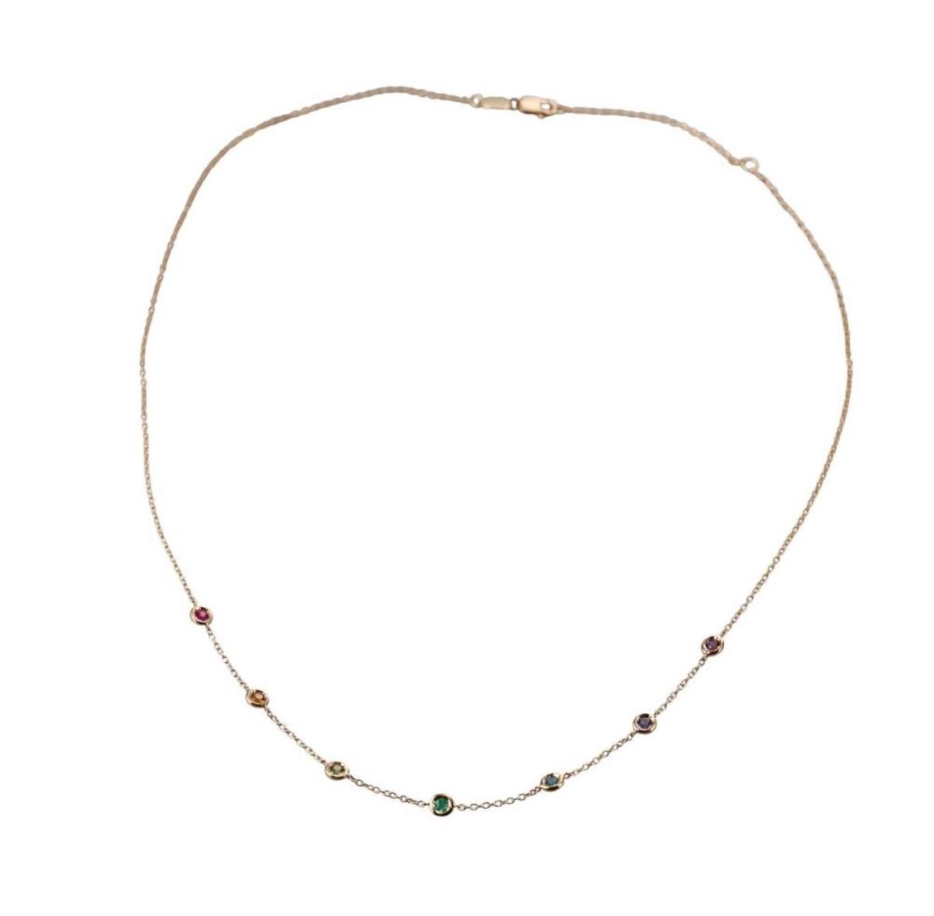 Taglio rotondo 18K Yellow Gold Multi-Gemstone Station Necklace Ruby Emerald Sapphire by Hueb in vendita