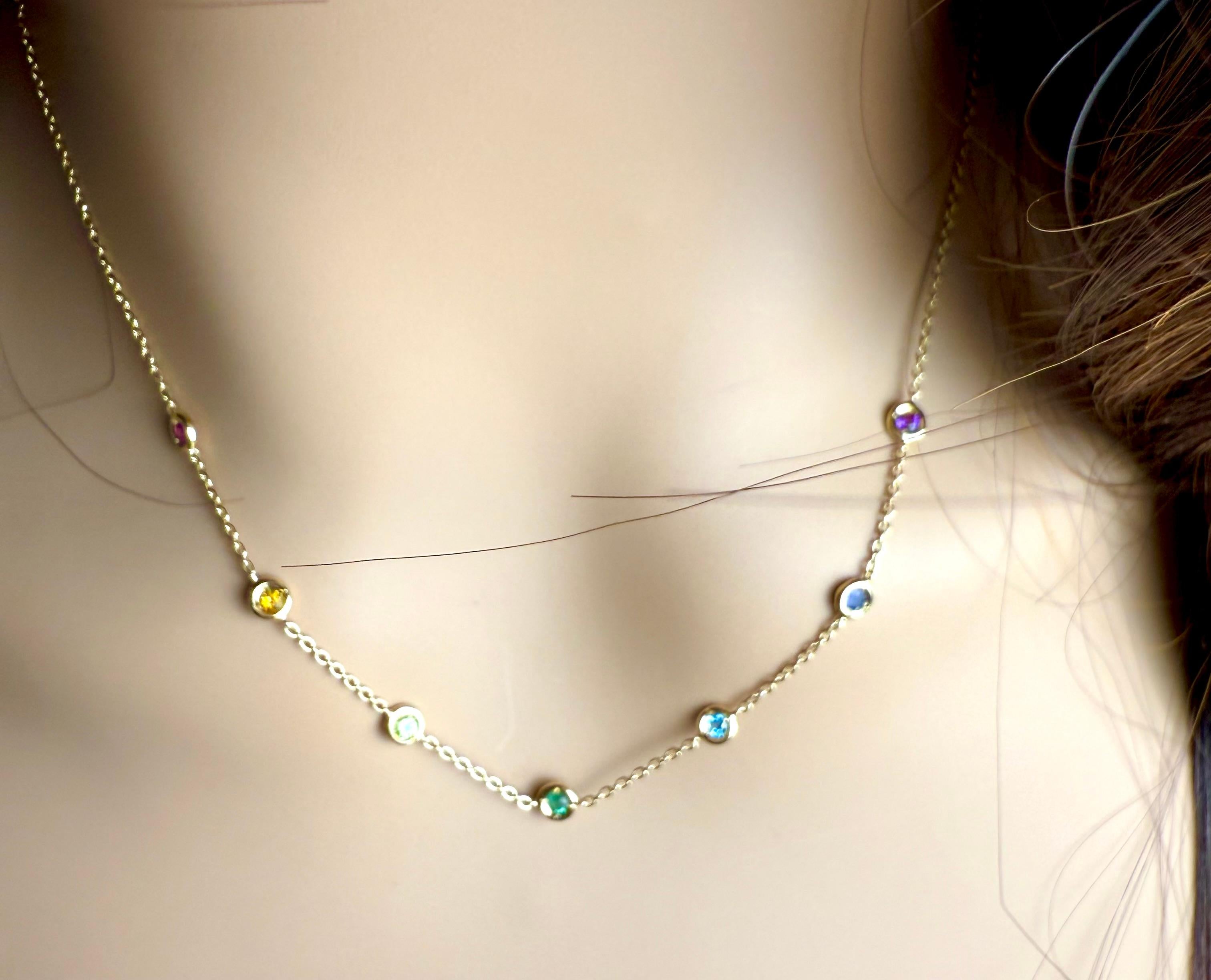 18K Yellow Gold Multi-Gemstone Station Necklace Ruby Emerald Sapphire by Hueb In condizioni buone in vendita a New York, NY