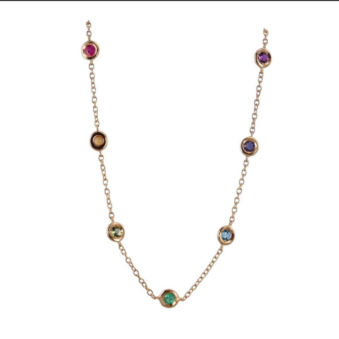 Donna 18K Yellow Gold Multi-Gemstone Station Necklace Ruby Emerald Sapphire by Hueb in vendita