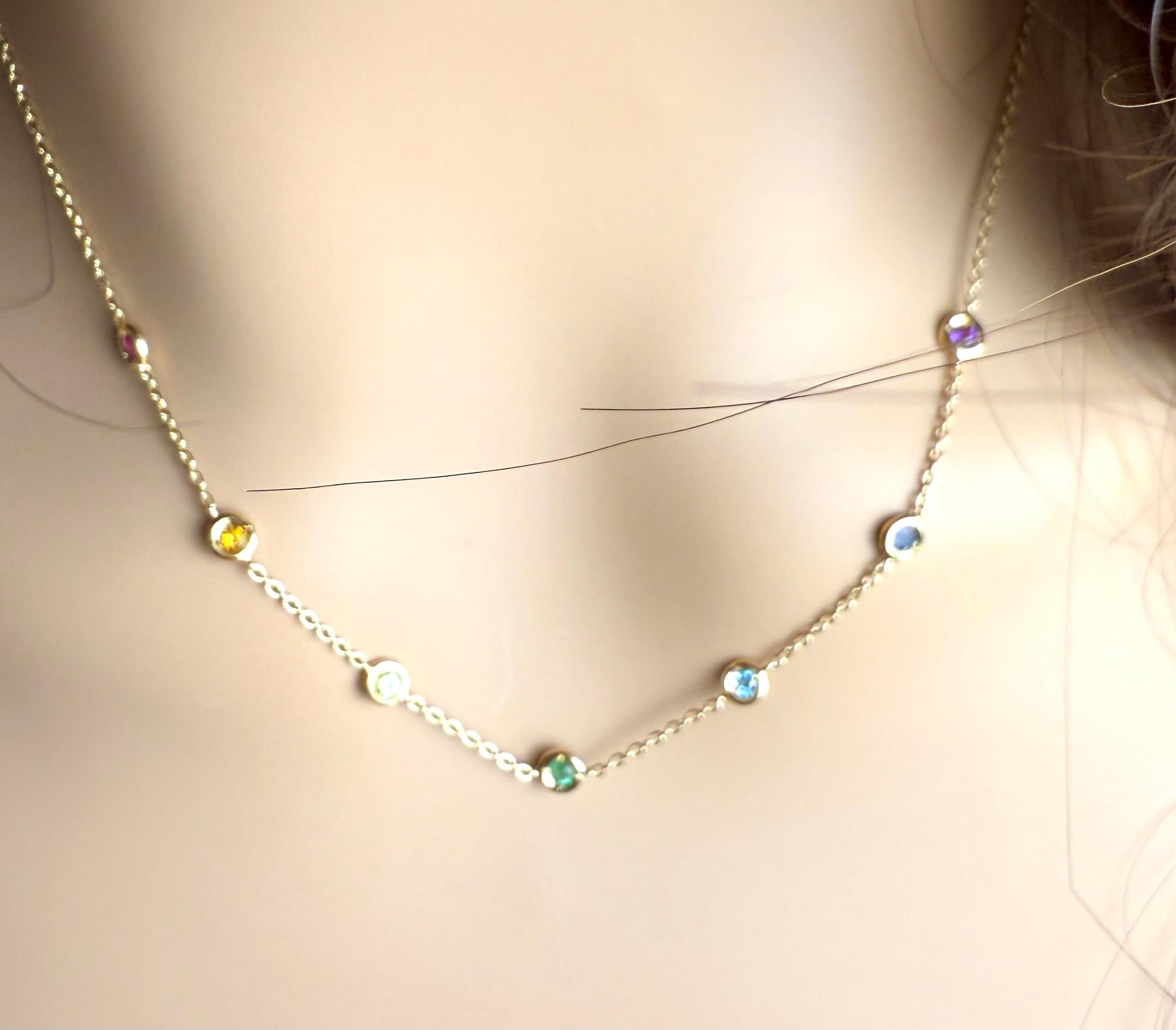 18K Yellow Gold Multi-Gemstone Station Necklace Ruby Emerald Sapphire by Hueb in vendita 2
