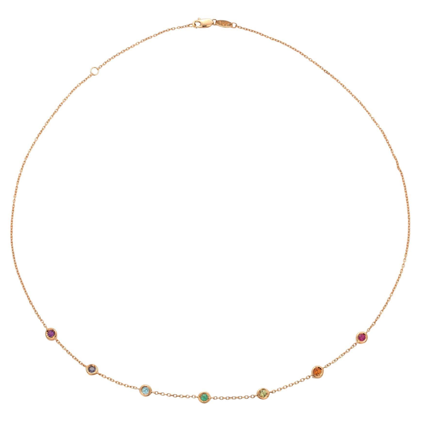 18K Yellow Gold Multi-Gemstone Station Necklace Ruby Emerald Sapphire by Hueb
