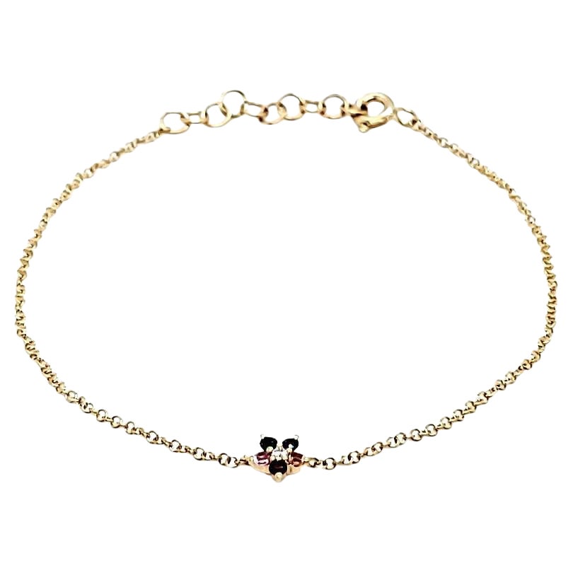 18k Yellow Gold Multi-Gemstones Cts 0.13 and Round Diamond Flower Bracelet For Sale