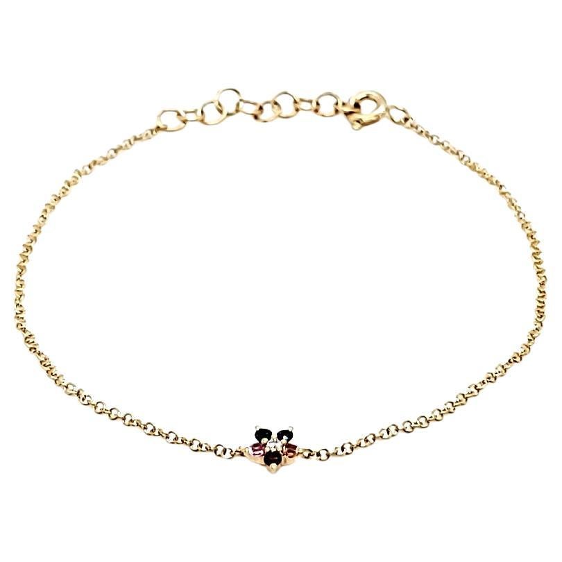 18k Yellow Gold Multi-Gemstones Cts 0.13 and Round Diamond Flower Bracelet