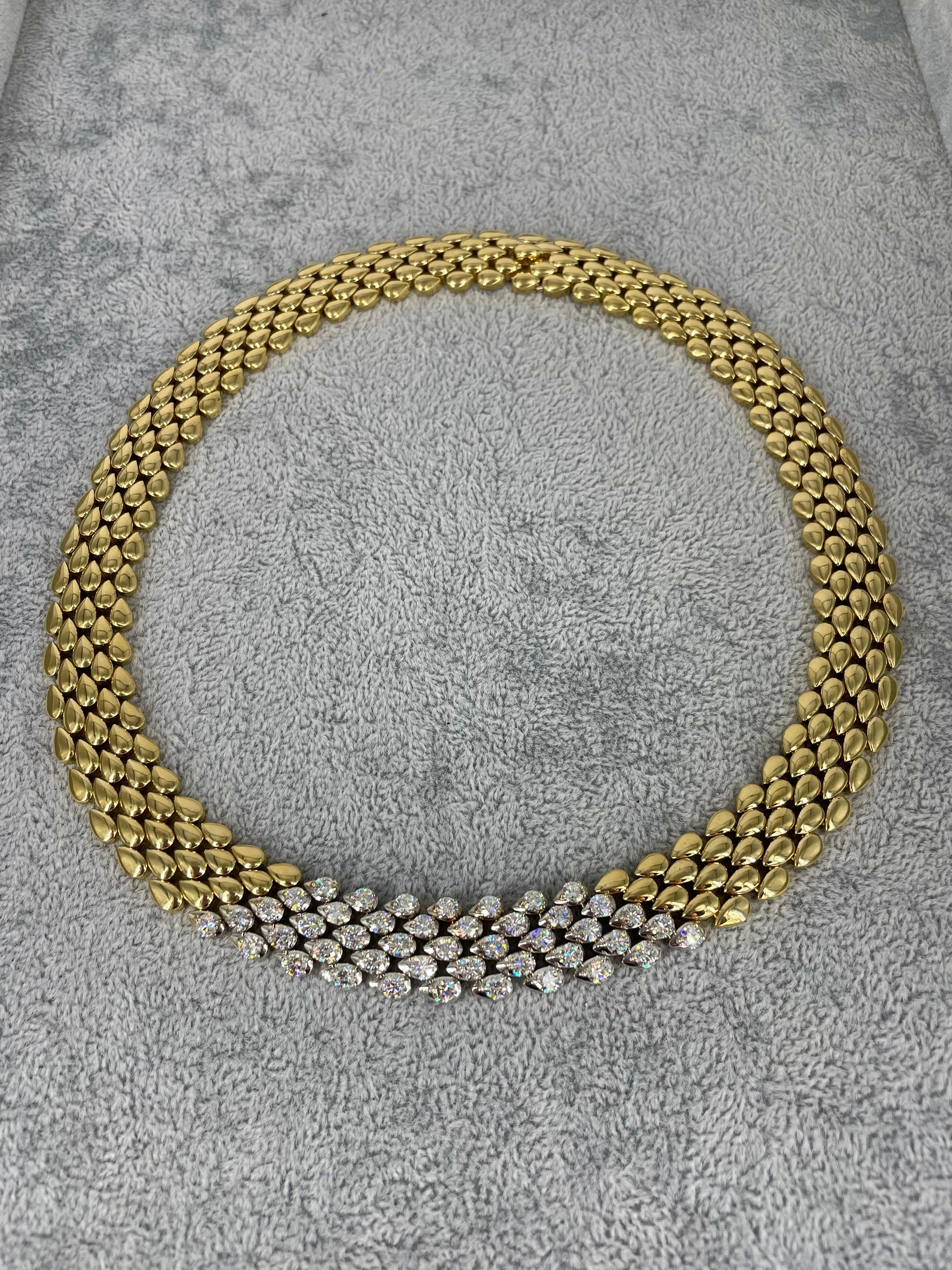 18K Yellow Gold Multi Row Choker Necklace with 8.25 carat Round Diamonds In New Condition For Sale In New York, NY