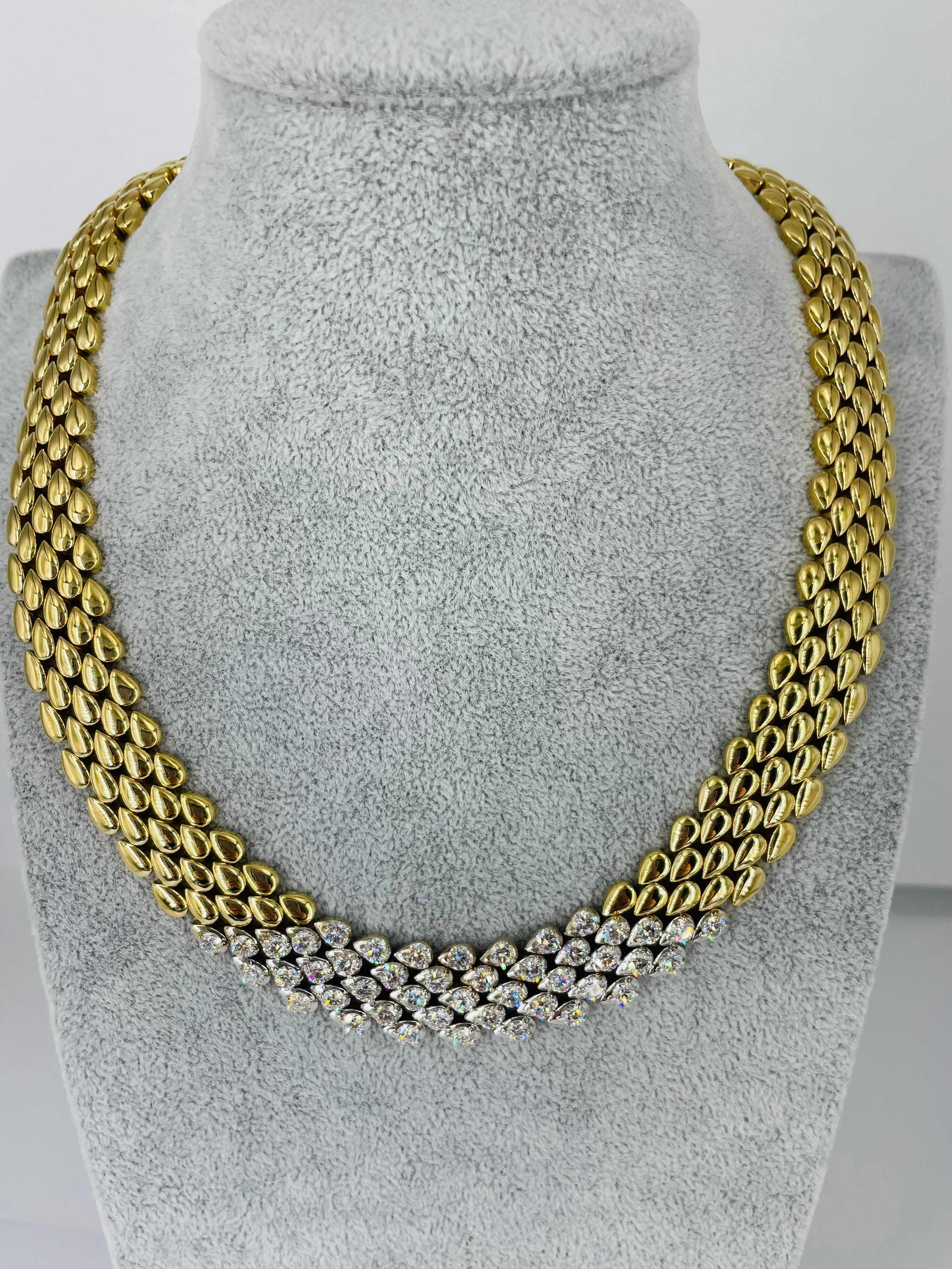 This sophisticated choker necklace is the perfect day to night statement piece. Five rows of pear shaped gold links create a bold textured look. At the center of the necklace the links transition to white gold set with round diamonds, total 8.25