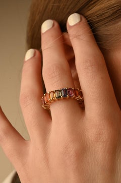 18K Yellow Gold Multi Sapphire 8.31 Ct Cushion Cut Eternity Band Ring