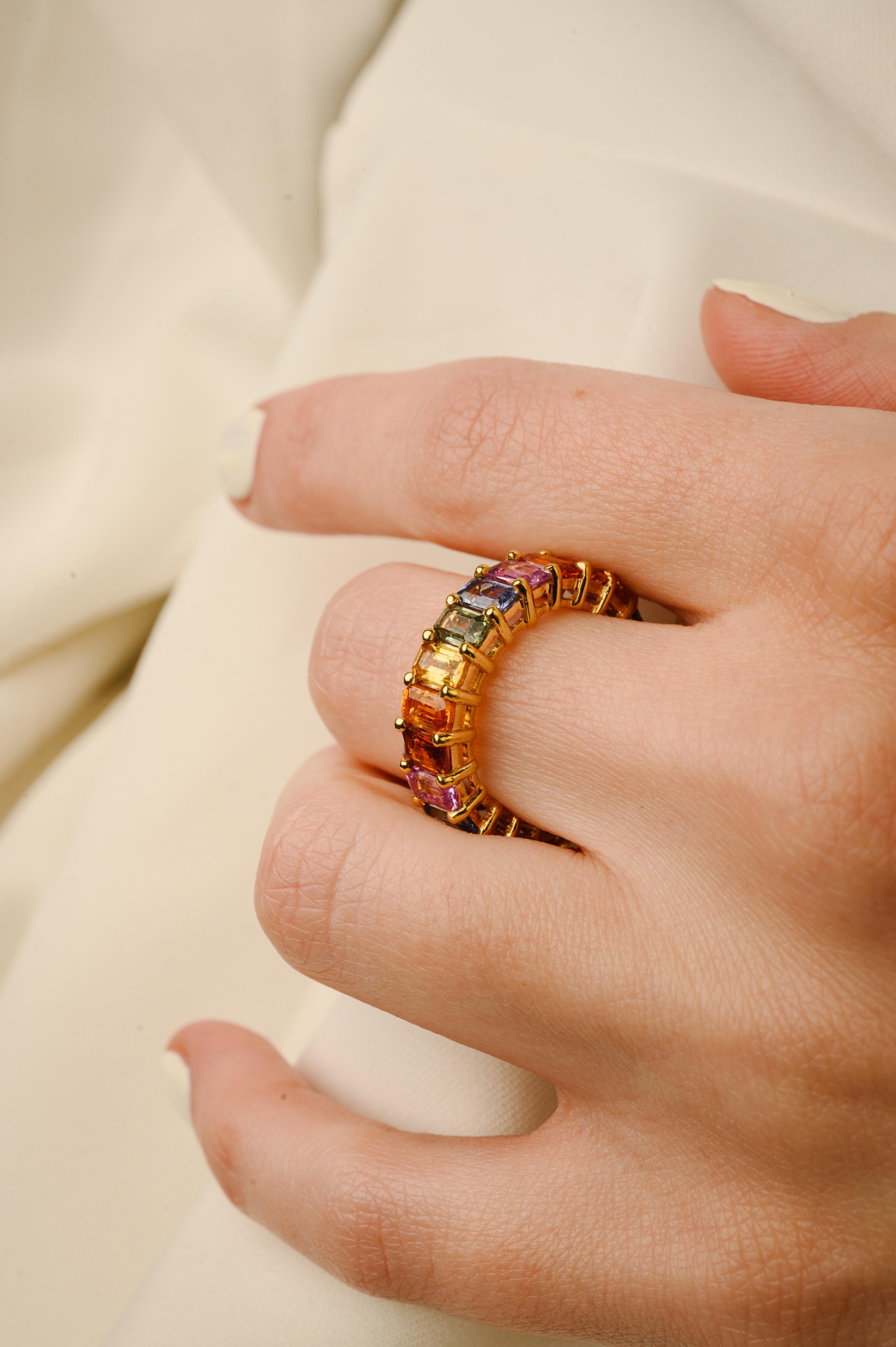 For Sale:  18K Yellow Gold Multi Sapphire 8.31 Ct Cushion Cut Eternity Band Ring 4