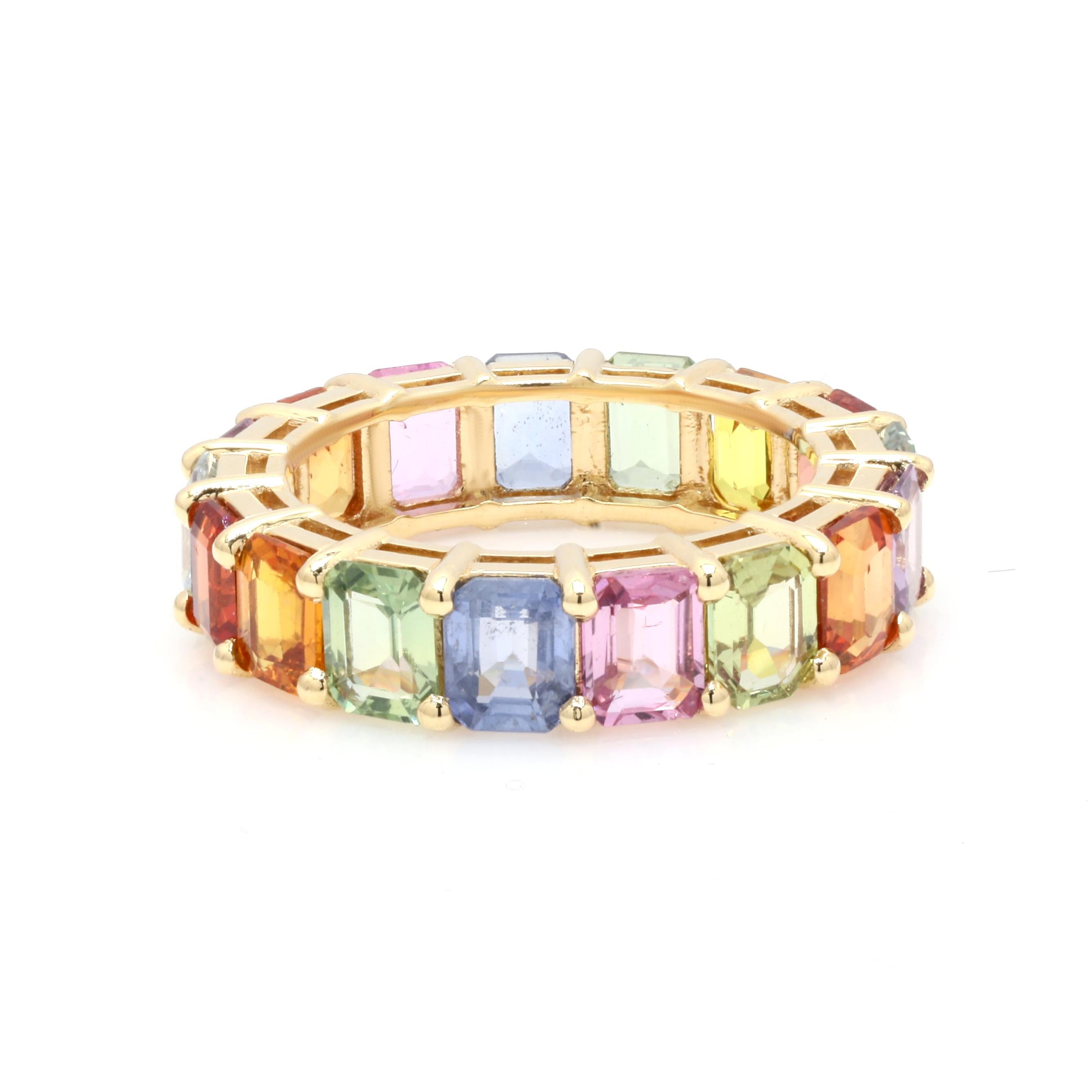 For Sale:  18K Yellow Gold Multi Sapphire 8.31 Ct Cushion Cut Eternity Band Ring 5