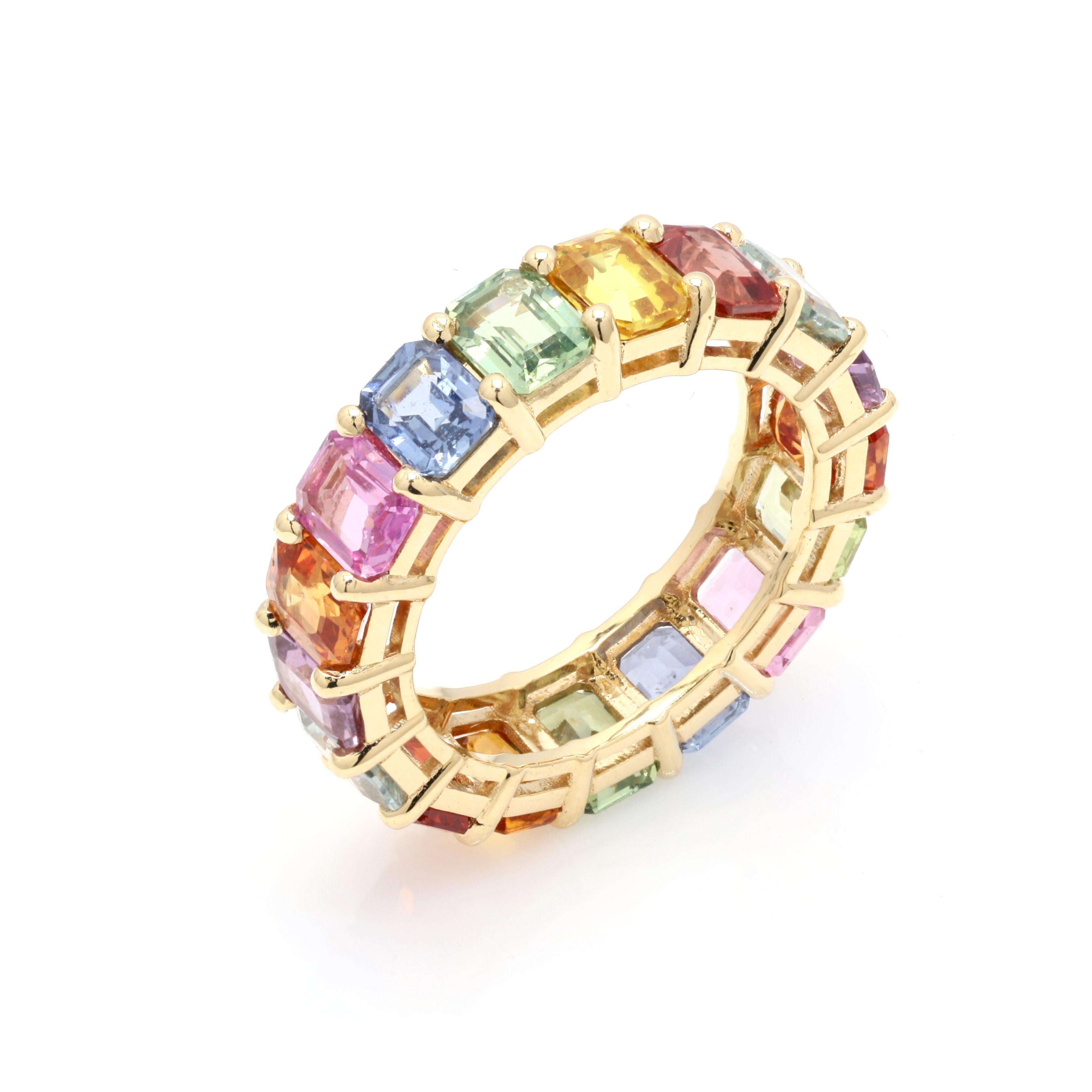 For Sale:  18K Yellow Gold Multi Sapphire 8.31 Ct Cushion Cut Eternity Band Ring 7