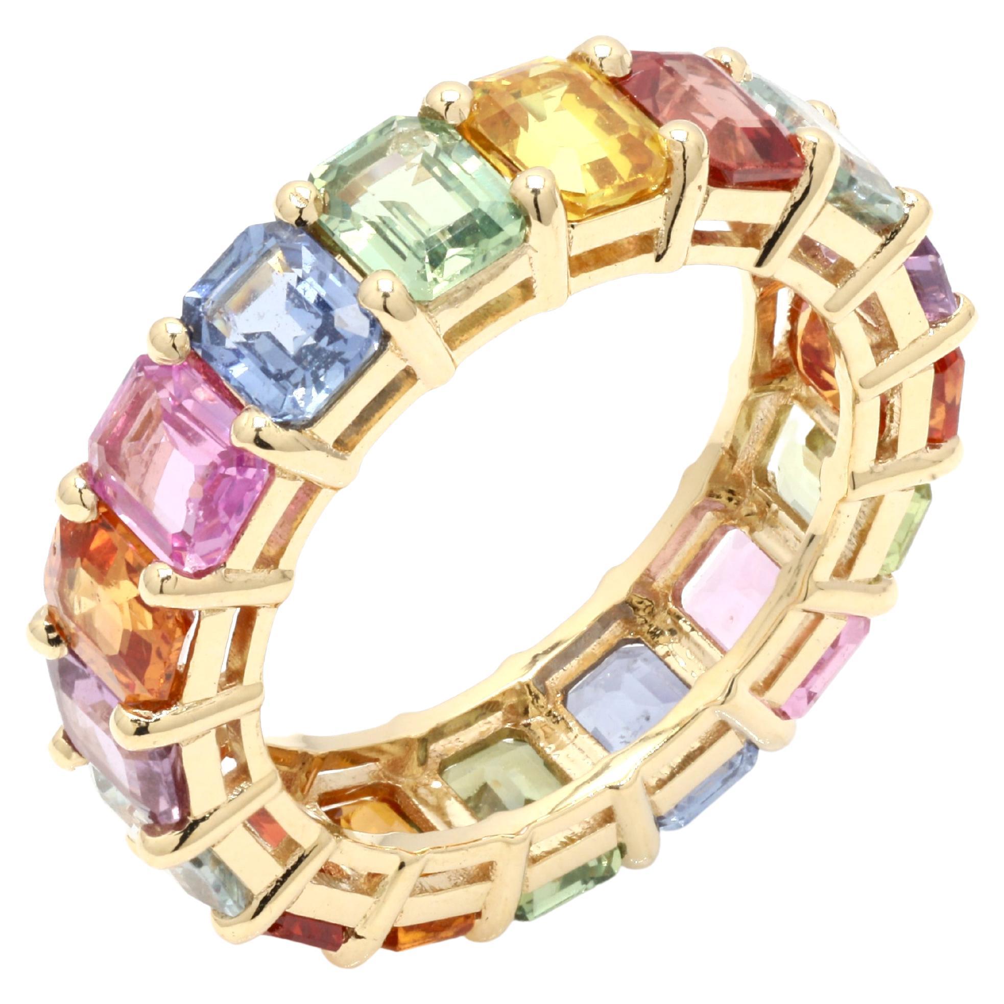 Anneau d'éternité en or jaune 18 carats avec saphirs multicolores de 8,31 carats, taille coussin 