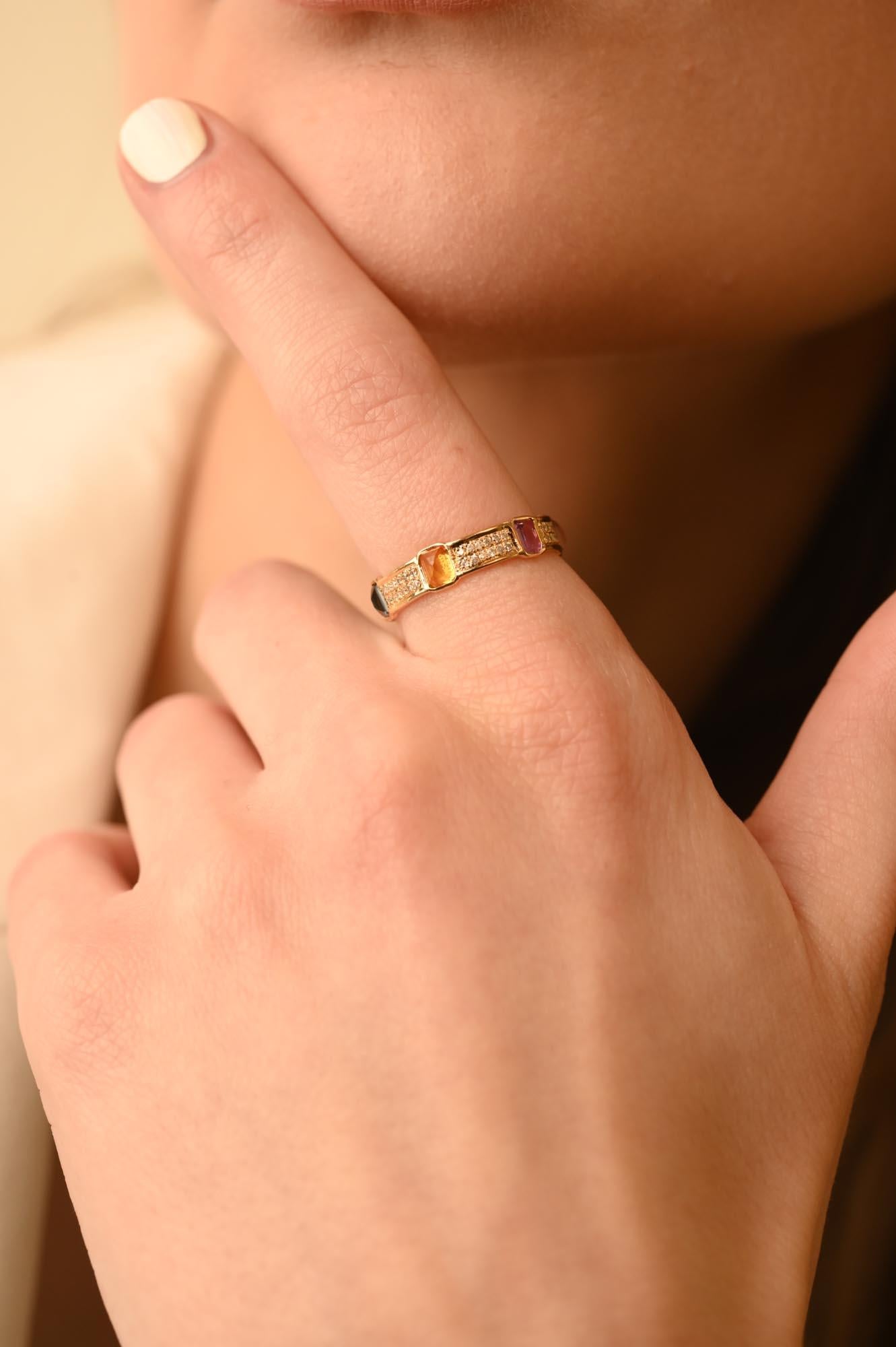 For Sale:  18k Yellow Gold Multi Sapphire Band Ring with Diamonds Gift for Him 15