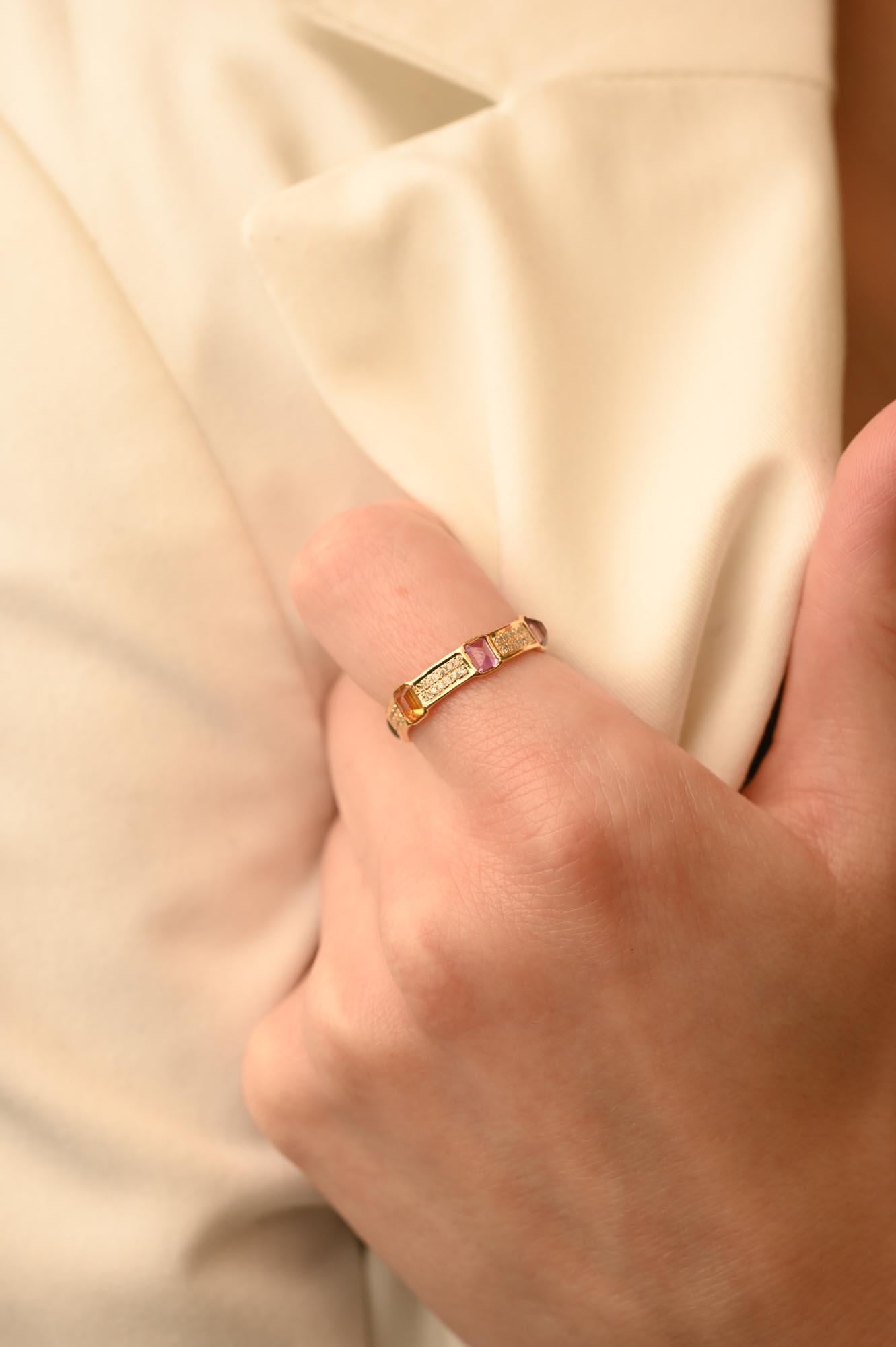 En vente :  Bague jonc en or jaune 18 carats avec plusieurs saphirs et diamants, cadeau pour lui 4