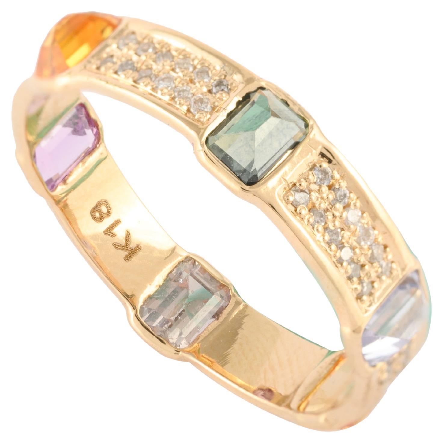 For Sale:  18k Yellow Gold Multi Sapphire Band Ring with Diamonds Gift for Him