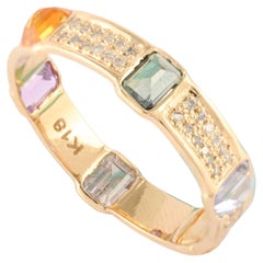 18k Yellow Gold Multi Sapphire Band Ring with Diamonds