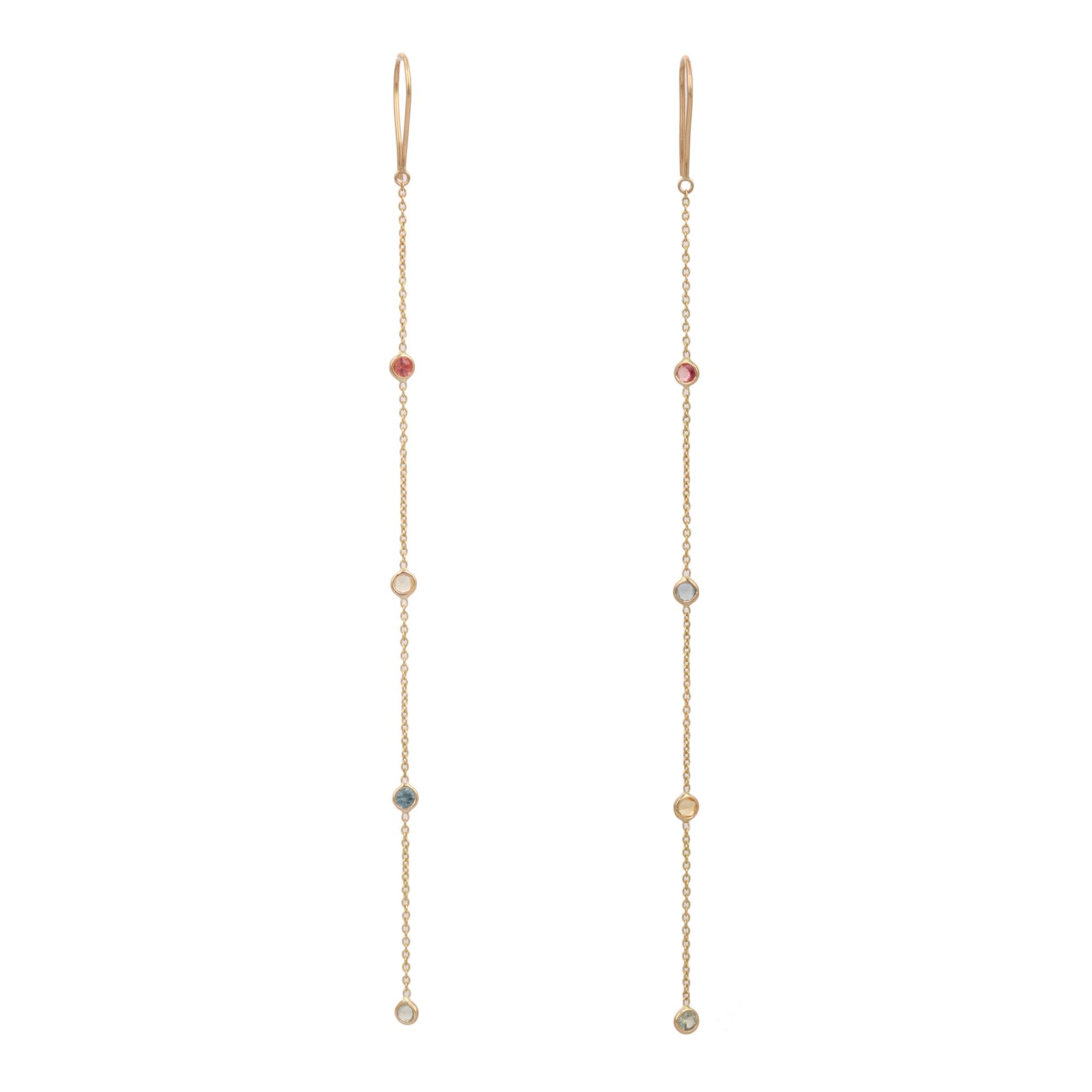 18K Yellow Gold Multi Sapphire Dangle Earrings For Sale 3