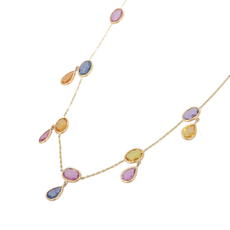 Modern 18K Yellow Gold Multi Sapphire Drop and Beaded Necklace For Sale