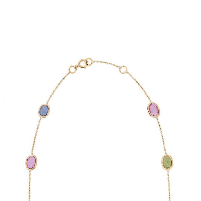 18K Yellow Gold Multi Sapphire Drop and Beaded Necklace In New Condition For Sale In Houston, TX