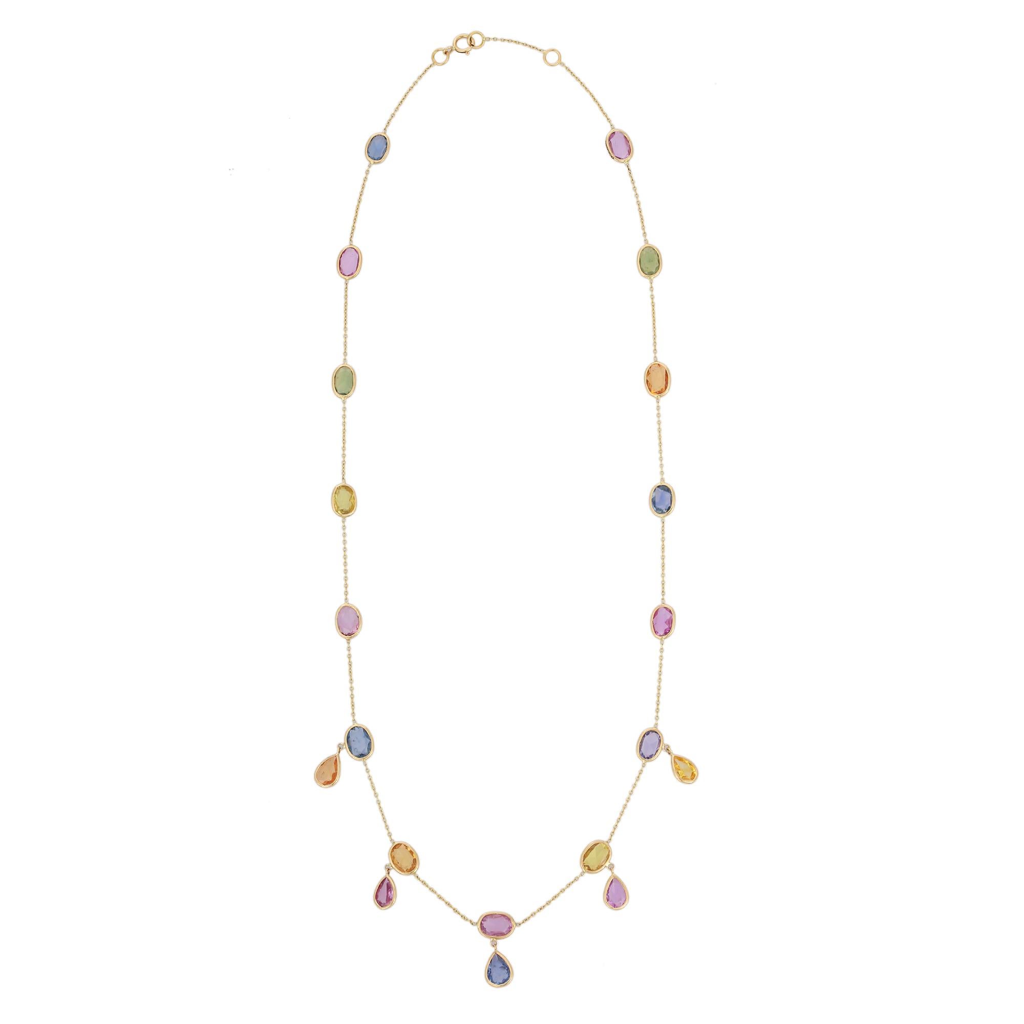Oval Cut 18K Yellow Gold Multi Gemstone Drop and Chain Necklace For Sale