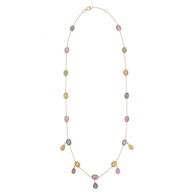 18K Yellow Gold Multi Sapphire Drop and Beaded Necklace For Sale 1