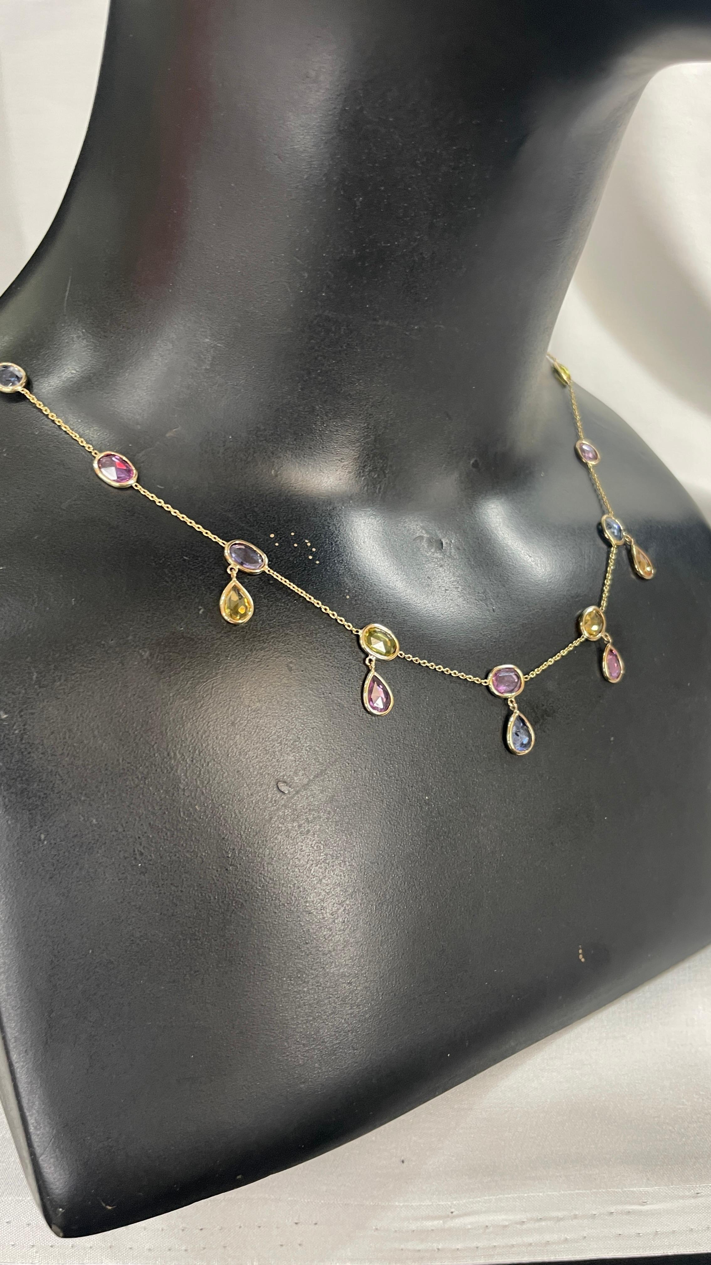 Modern 18K Yellow Gold Multi Gemstone Drop and Chain Necklace For Sale