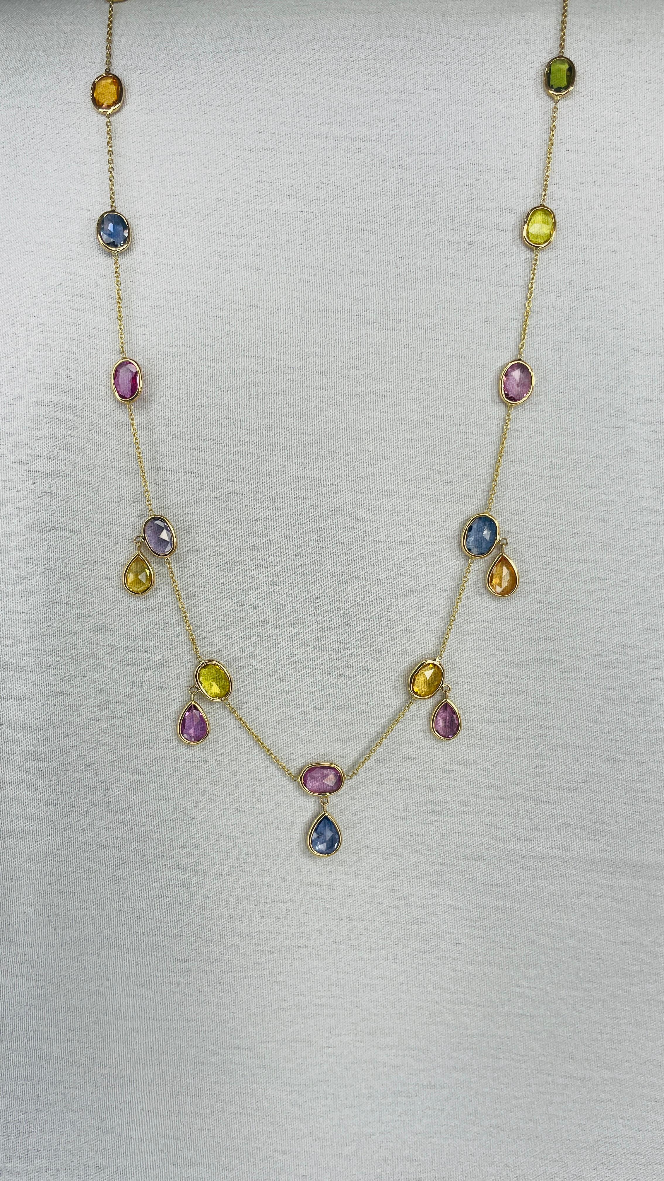 18K Yellow Gold Multi Gemstone Drop and Chain Necklace In New Condition For Sale In Houston, TX