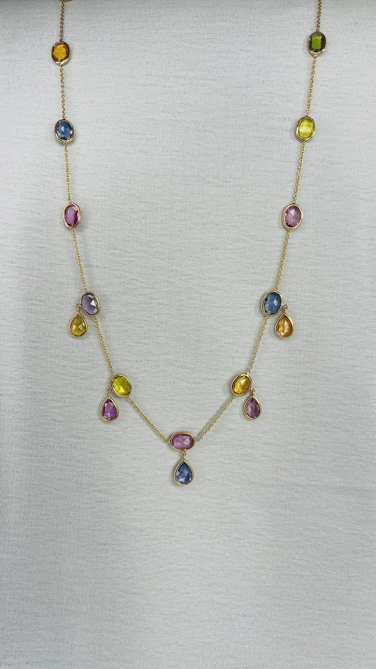 18K Yellow Gold Multi Sapphire Drop and Beaded Necklace For Sale 2