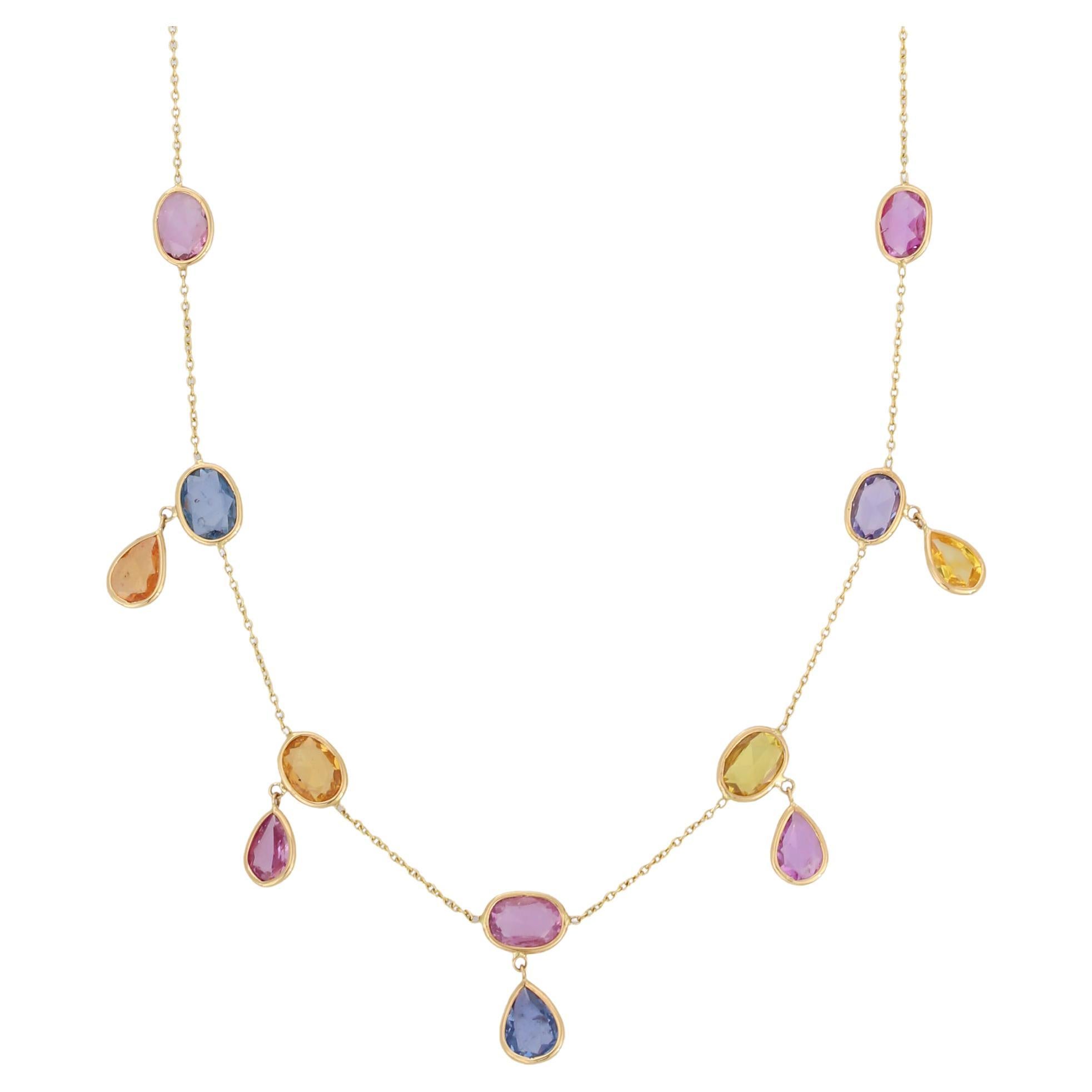 18K Yellow Gold Multi Gemstone Drop and Chain Necklace For Sale
