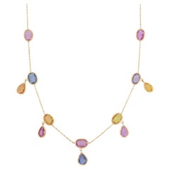 18K Yellow Gold Multi Sapphire Drop and Beaded Necklace