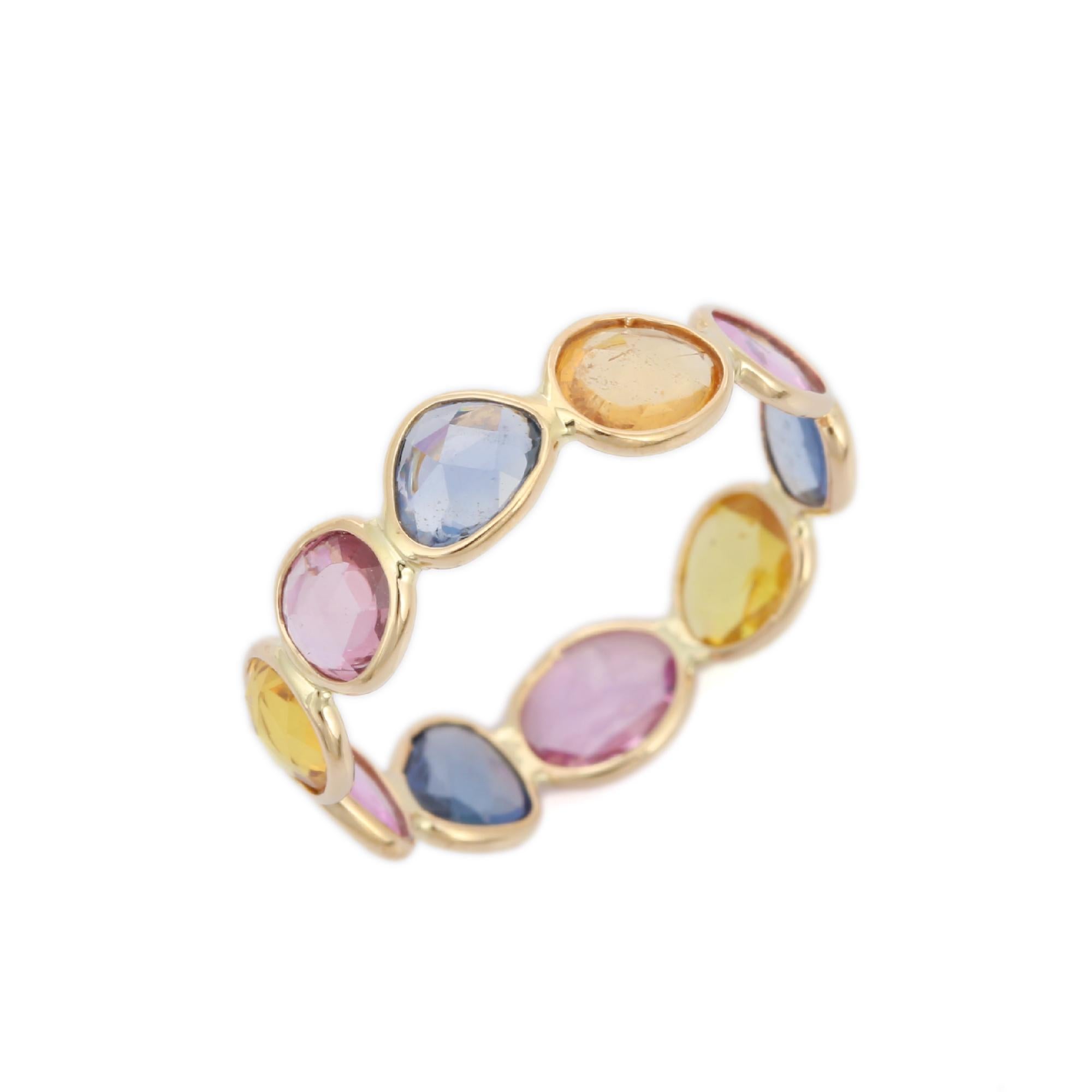For Sale:  18kt Solid Yellow Gold Uneven Multi Sapphire Eternity Band Ring 4