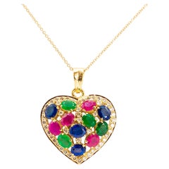 18k Yellow Gold Multi Sapphire Ruby Emerald Diamond Heart Pendant Necklace