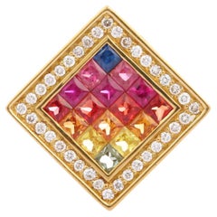 18K Yellow Gold Multi Sapphire Square Pendant Necklace with Halo Diamonds 