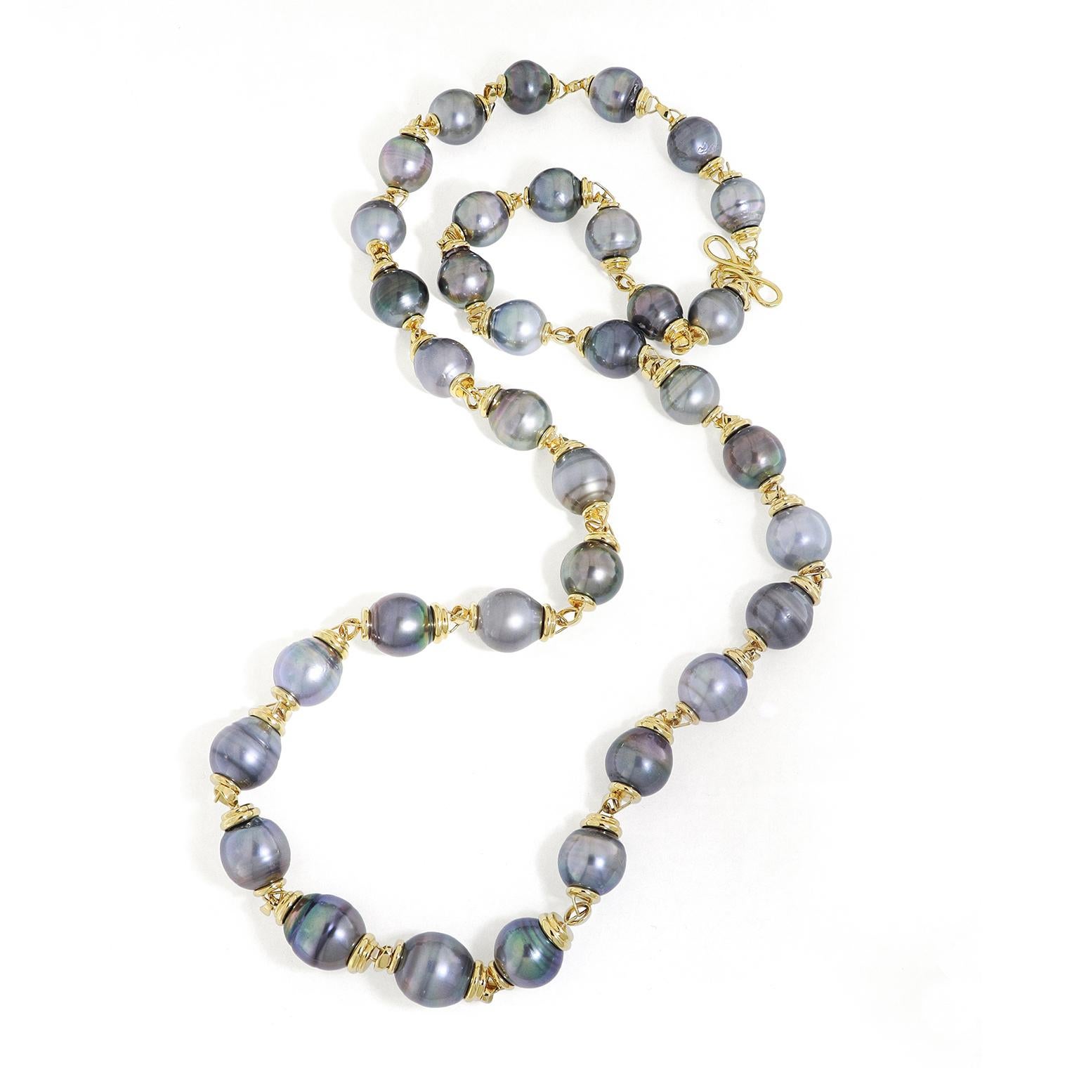 Uncut 18K Yellow Gold Multi-Shade Tahitian Pearl Necklace For Sale