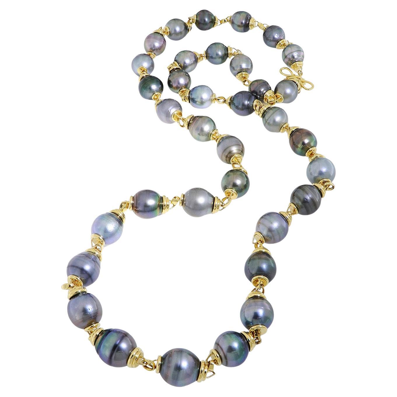 18K Yellow Gold Multi-Shade Tahitian Pearl Necklace For Sale