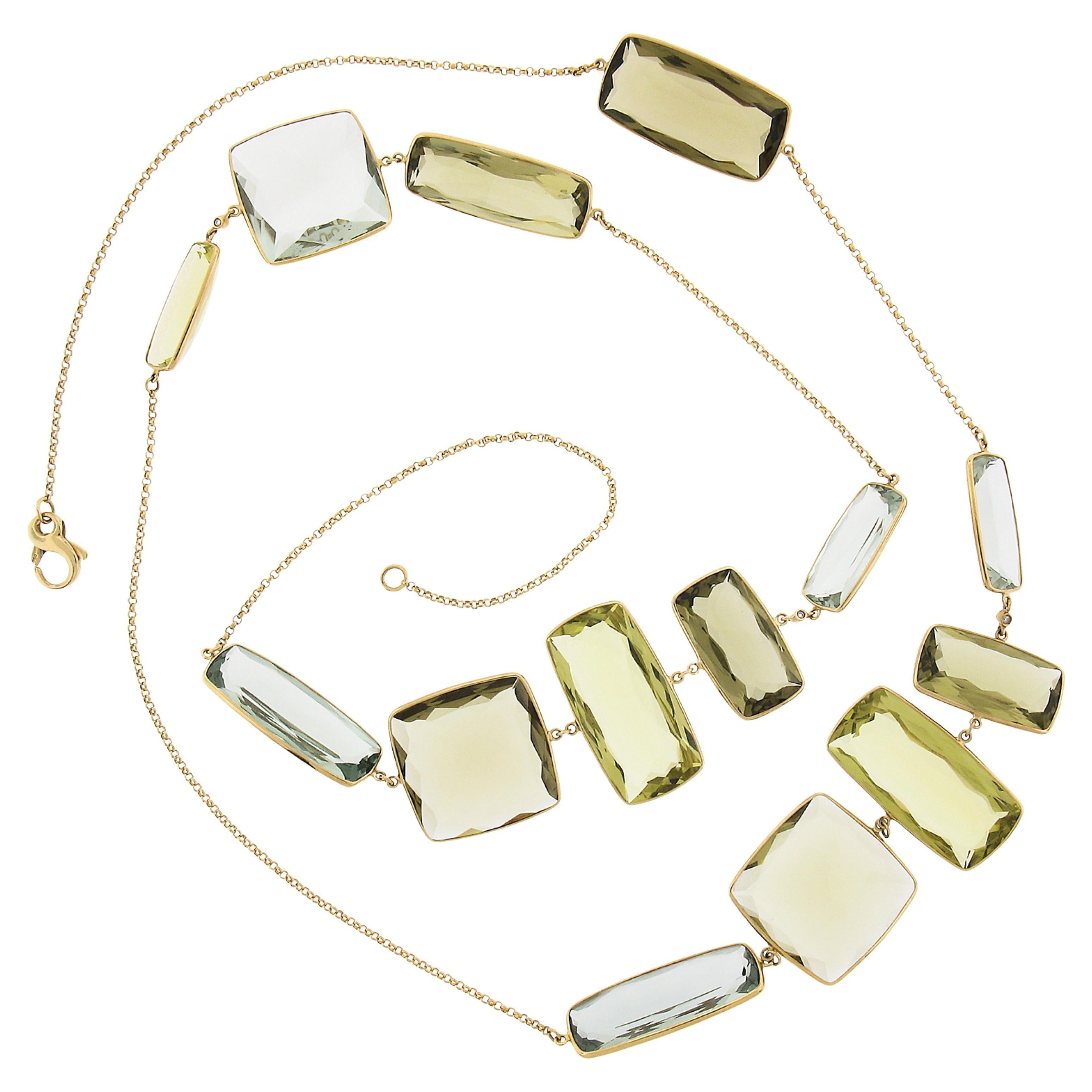 18k Yellow Gold Multi Shape Colors Bezel Quartz Station 39" Long Wrap Necklace