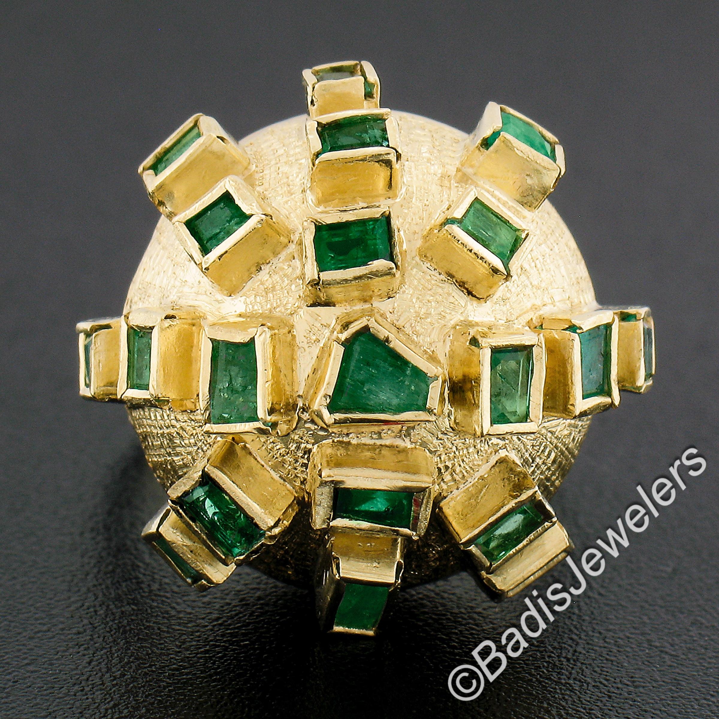 Emerald Cut 18k Yellow Gold Multi Shapes Bezel Emerald Domed Bombe Sputnik Statement Ring For Sale