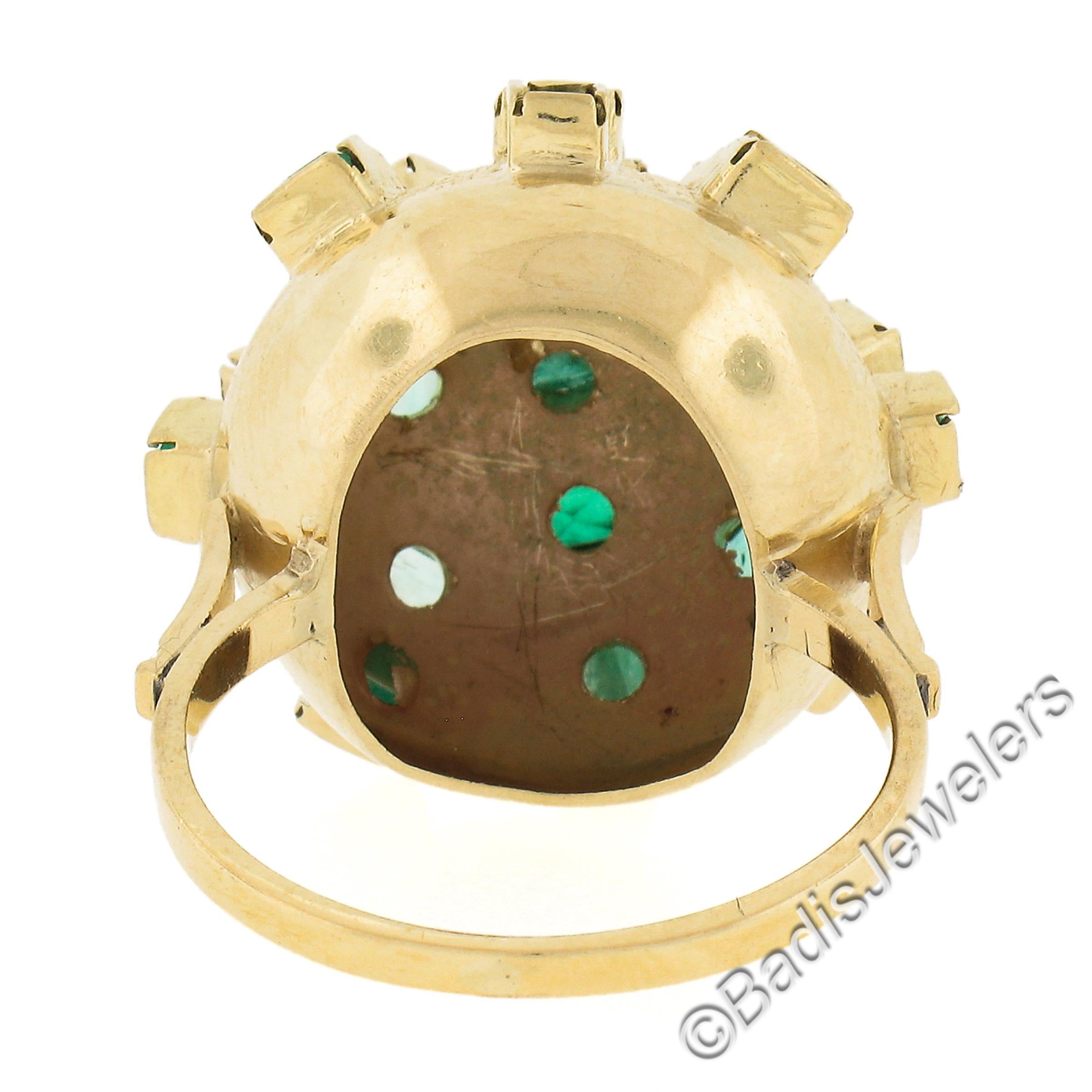 18k Yellow Gold Multi Shapes Bezel Emerald Domed Bombe Sputnik Statement Ring For Sale 1
