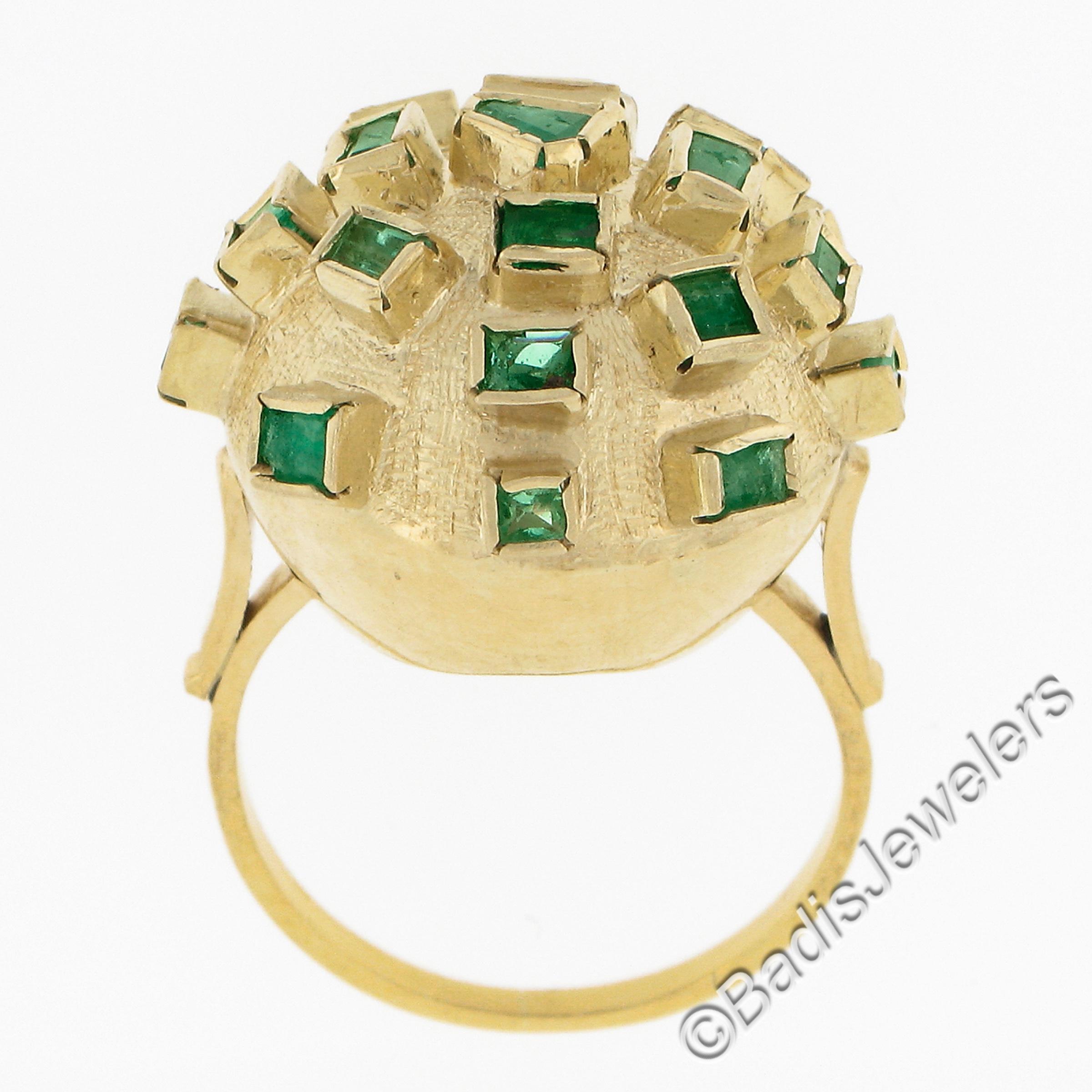 18k Yellow Gold Multi Shapes Bezel Emerald Domed Bombe Sputnik Statement Ring For Sale 2