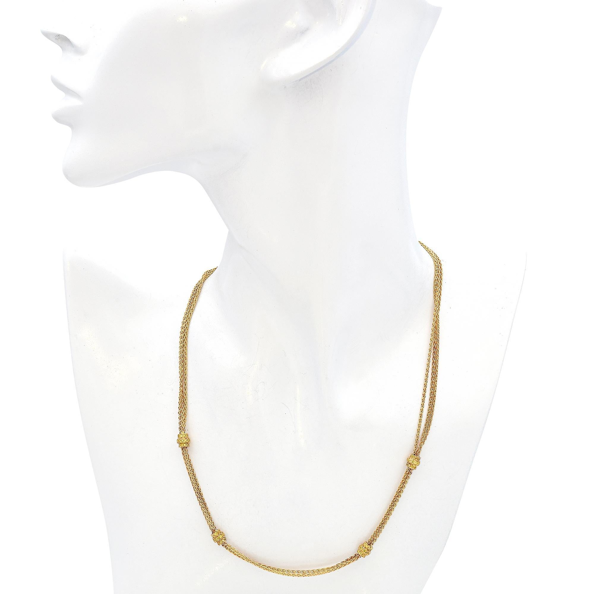 Taille ronde Chaîne collier multibrins en or jaune 18 carats avec rondelles de diamants jaunes en vente