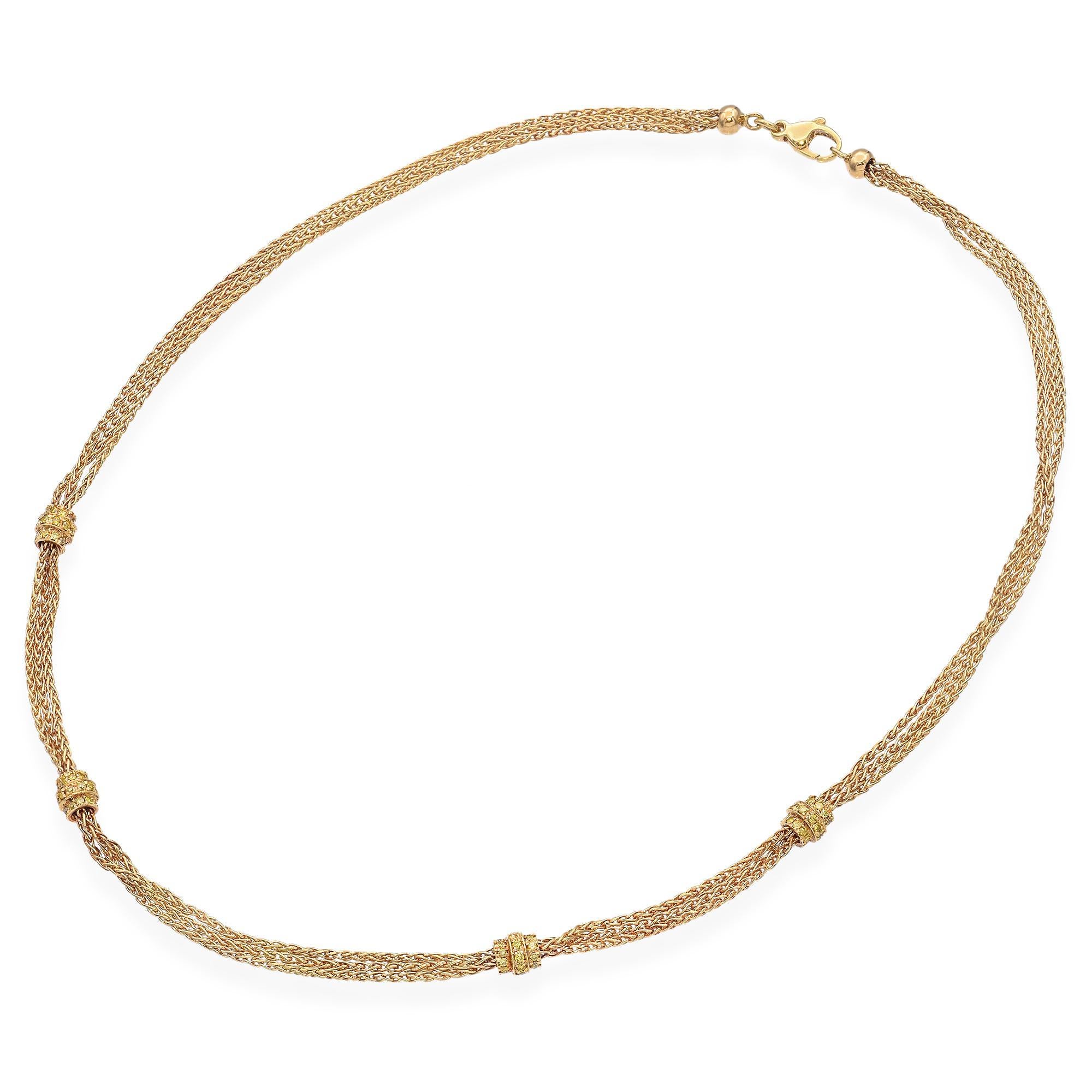 Chaîne collier multibrins en or jaune 18 carats avec rondelles de diamants jaunes Pour femmes en vente