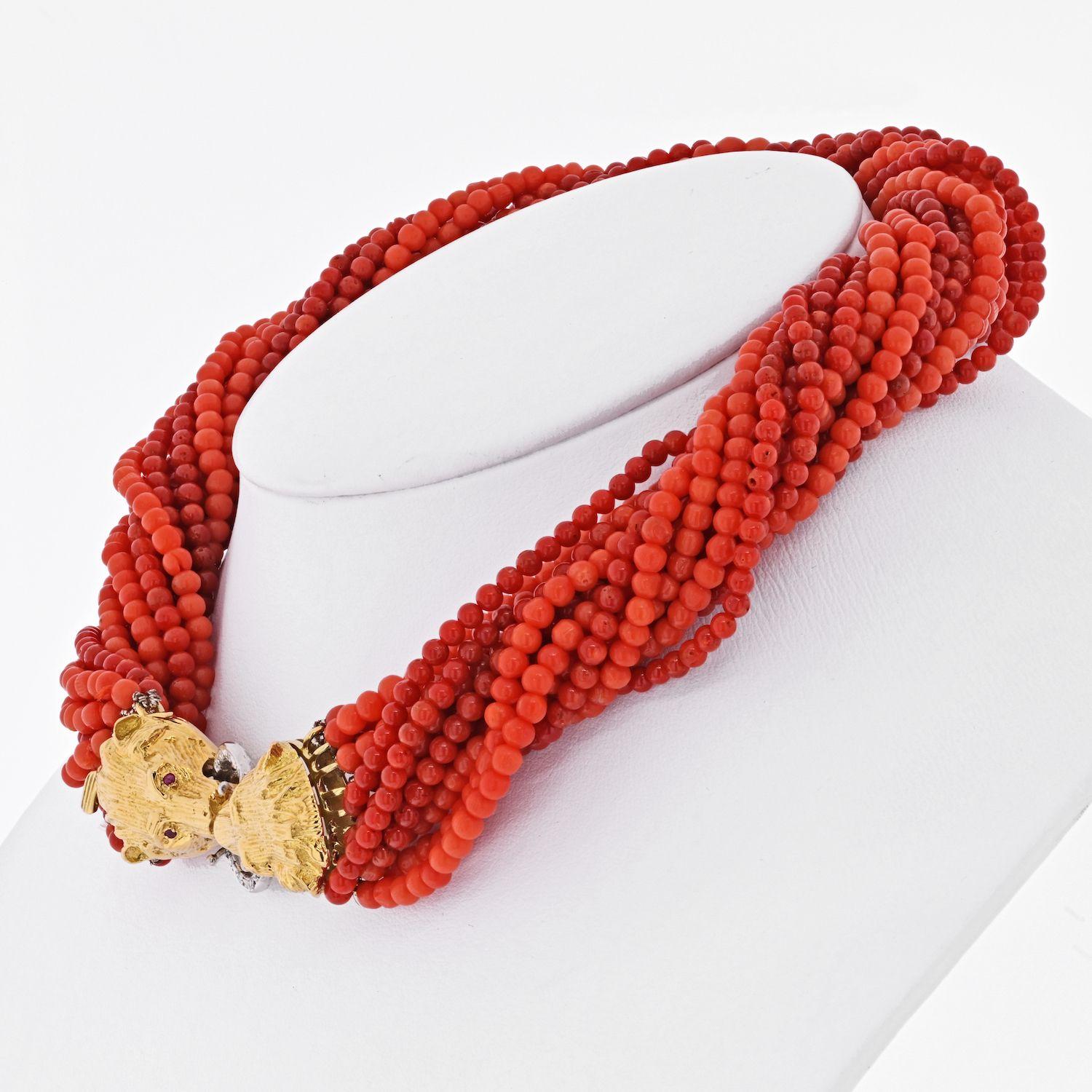 Round Cut 18K Yellow Gold Multi-Strand Torsade Coral Necklace