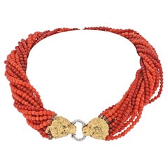 18K Yellow Gold Multi-Strand Torsade Coral Necklace